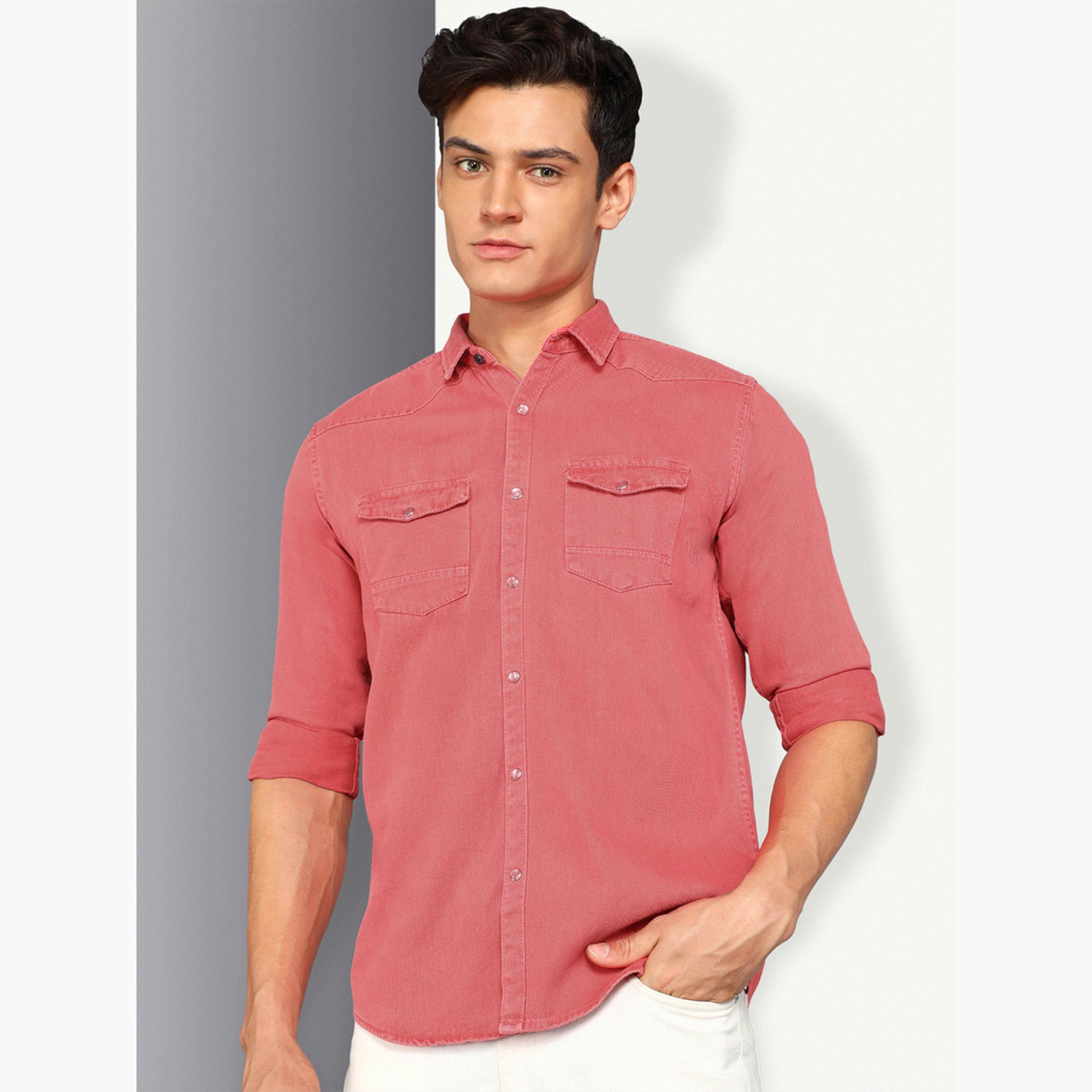 قميص دنيم رجالي وردي بجيبين-men-clothing-shirts-image-1