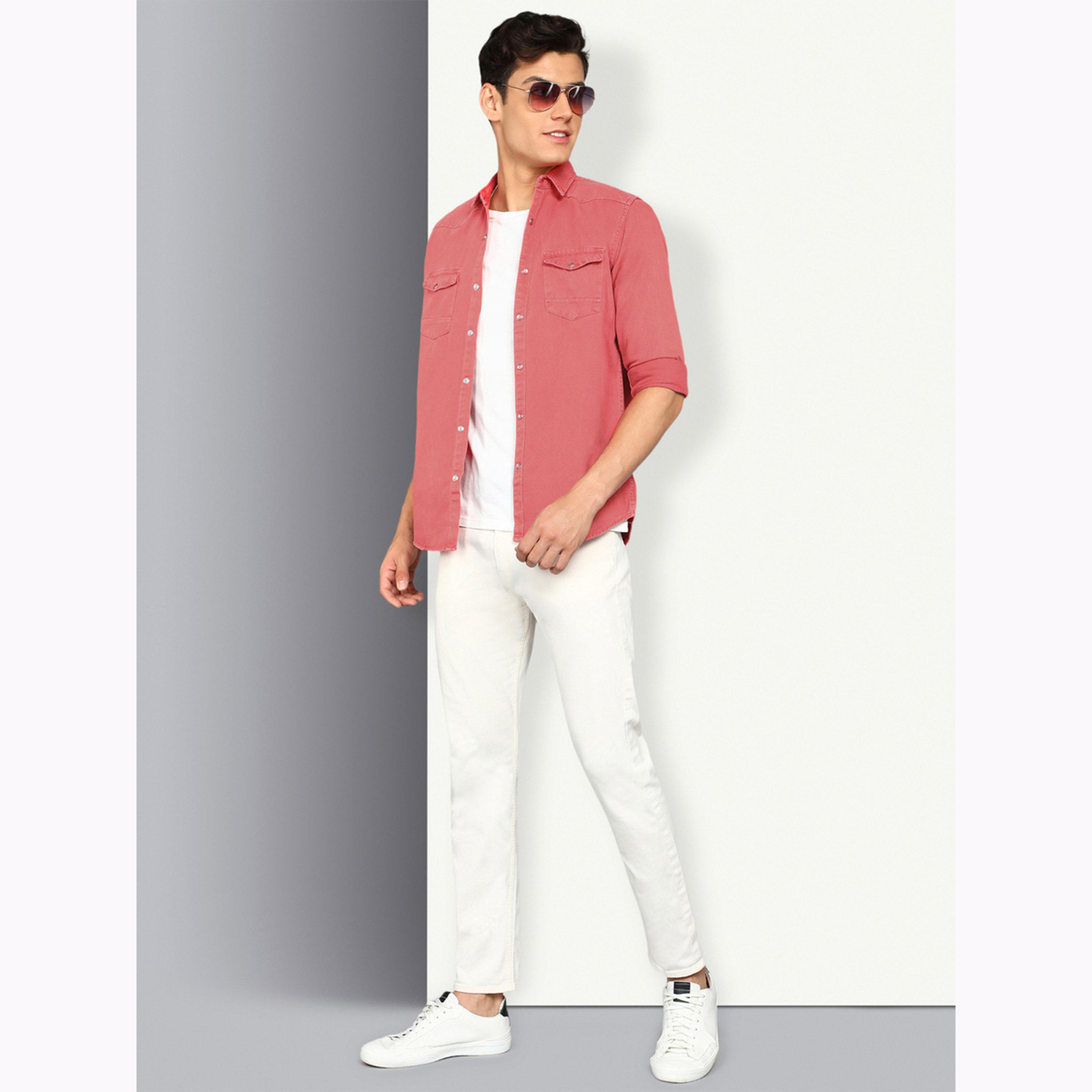 KUONS AVENUE X Styli Men Pink Double Pockets Denim Shirt-men-clothing-shirts-image-2