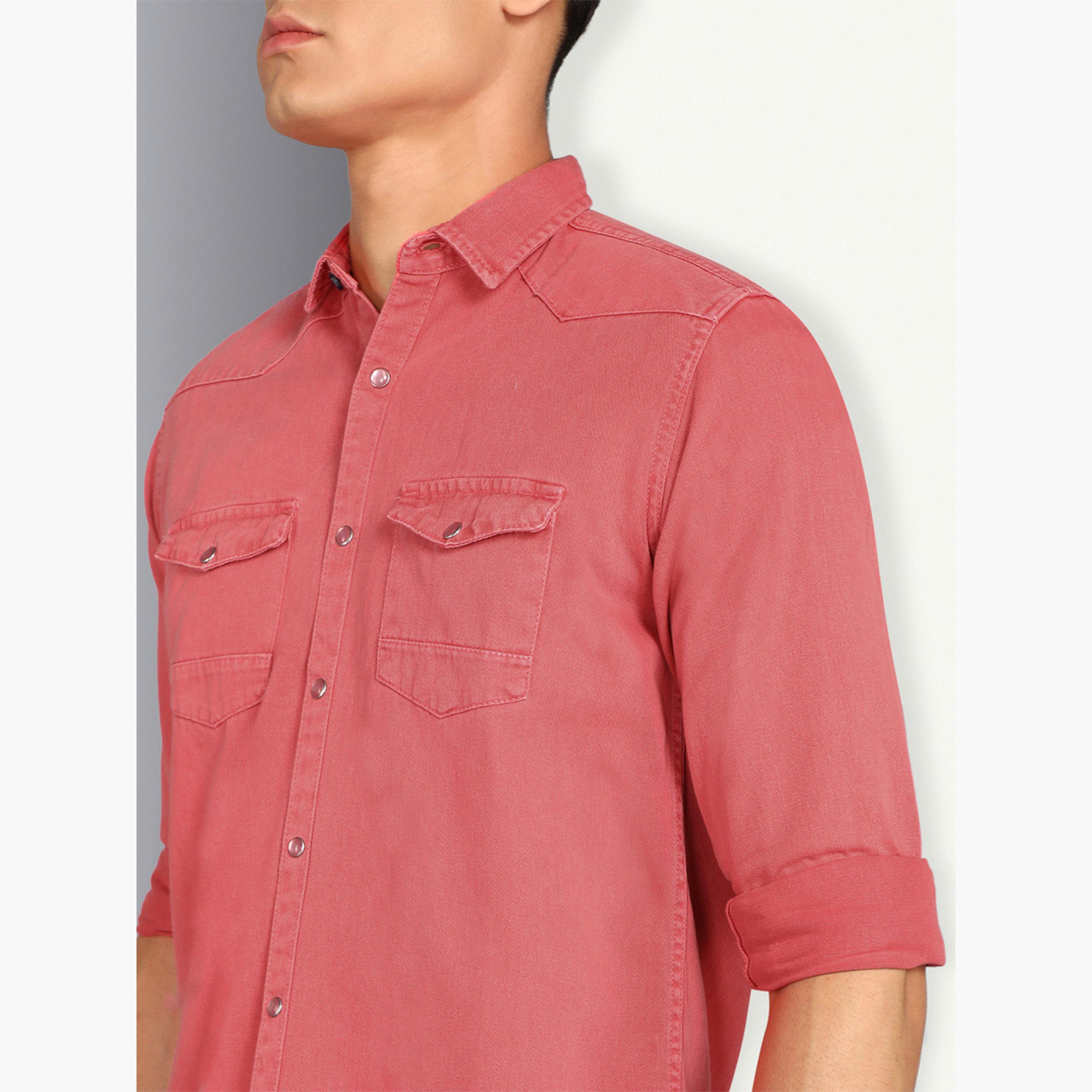 KUONS AVENUE X Styli Men Pink Double Pockets Denim Shirt-men-clothing-shirts-image-5