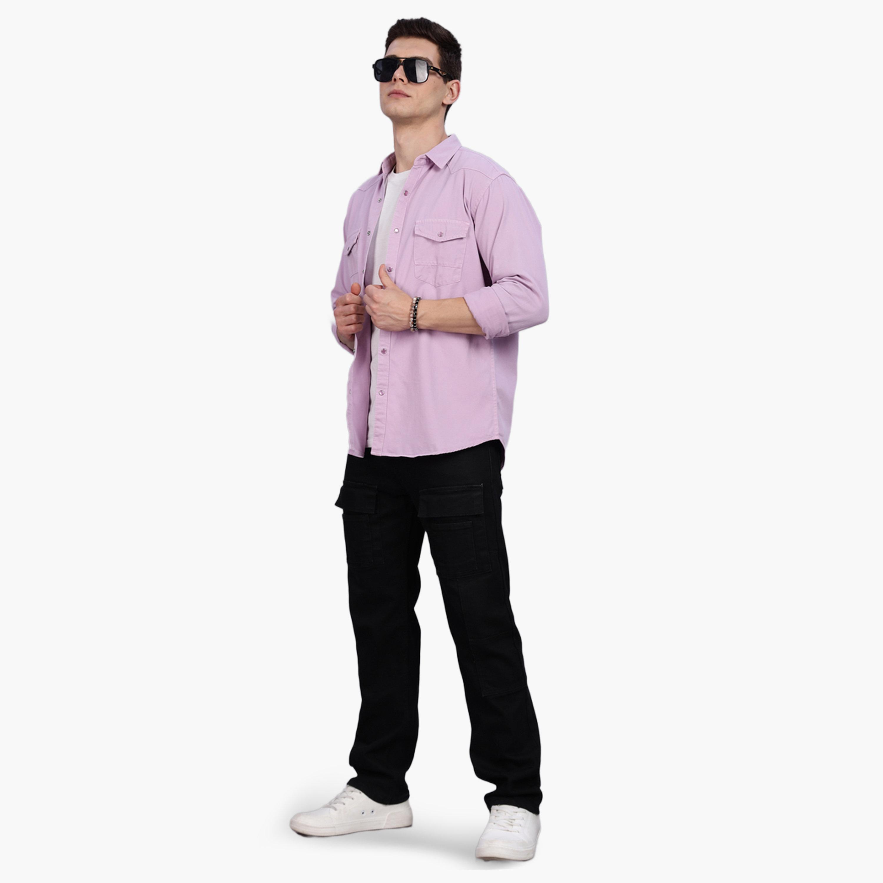 قميص رجالي ليلكي قطن تويل ياقة واسعة-men-clothing-shirts-image-2