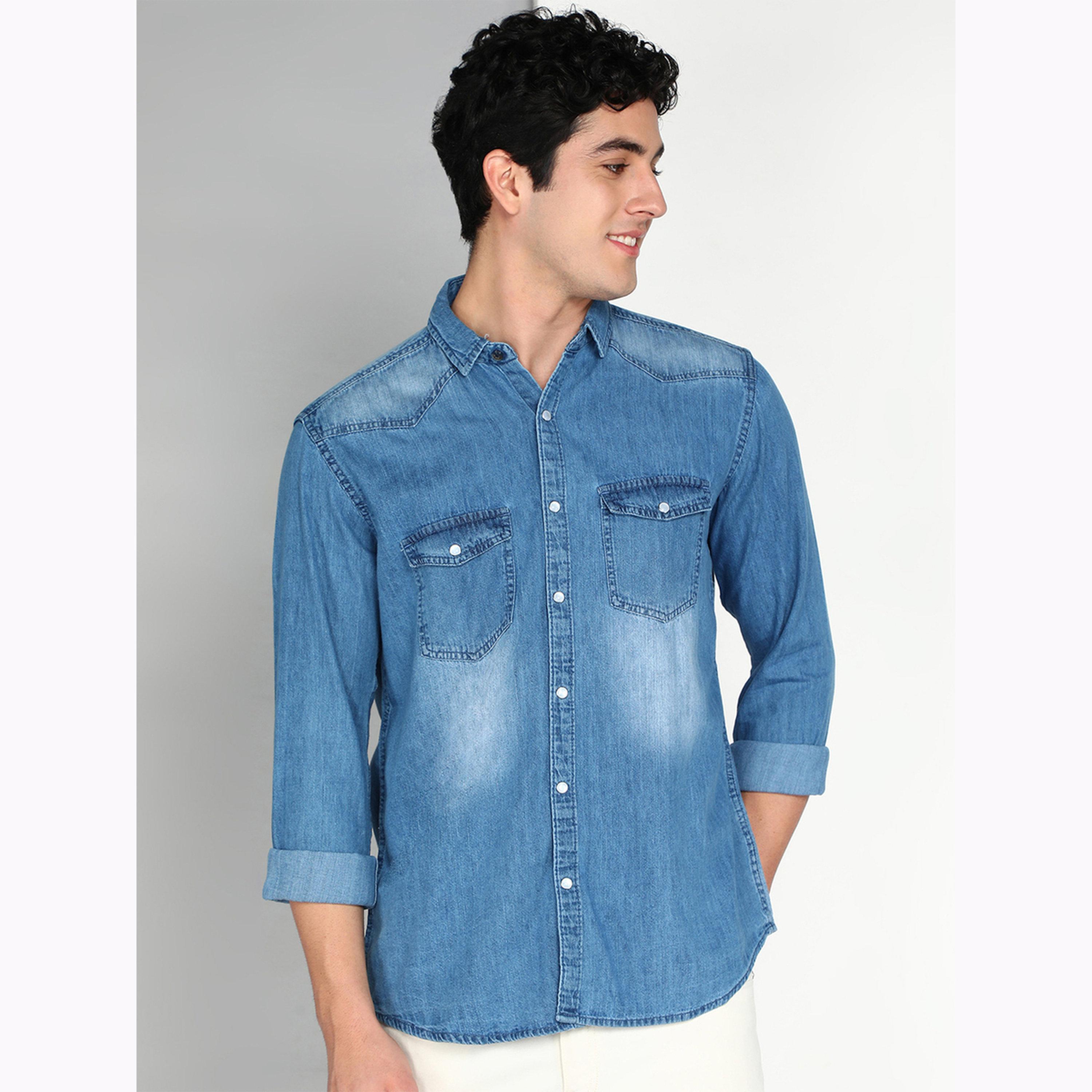 KUONS AVENUE X Styli Men Blue Denim Double Pocket Shirt-men-clothing-shirts-image-1
