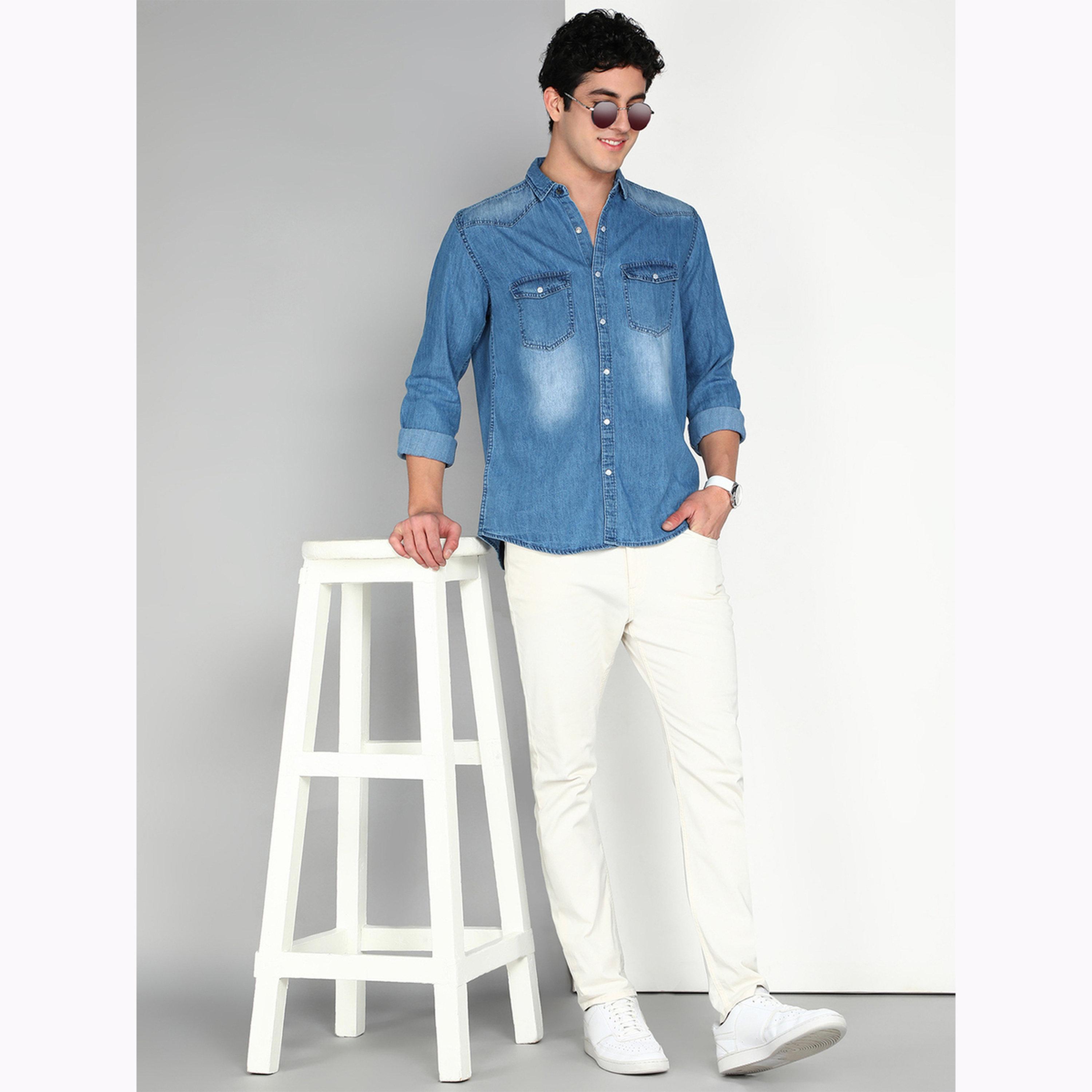 KUONS AVENUE X Styli Men Blue Denim Double Pocket Shirt-men-clothing-shirts-image-2
