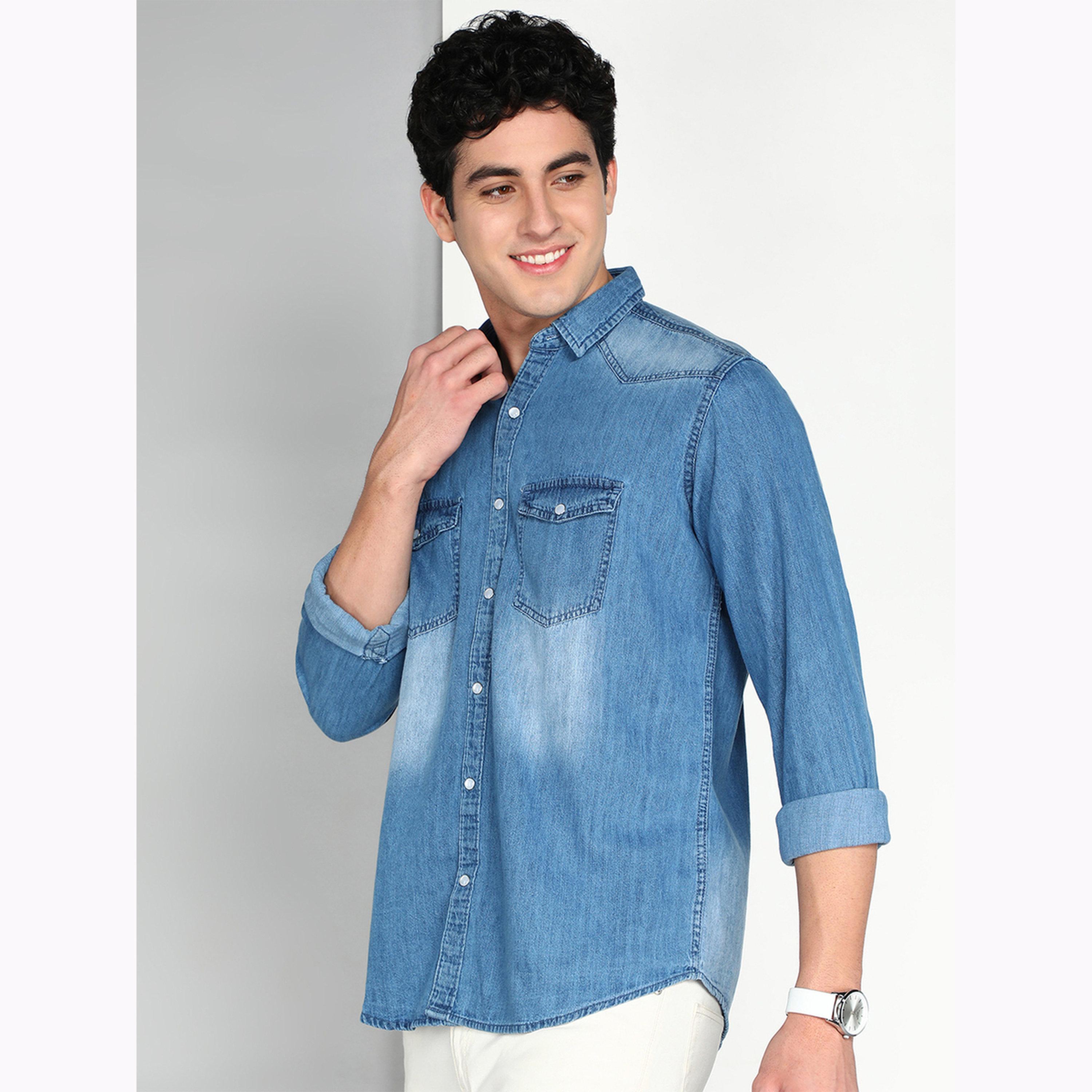 KUONS AVENUE X Styli Men Blue Denim Double Pocket Shirt-men-clothing-shirts-image-4