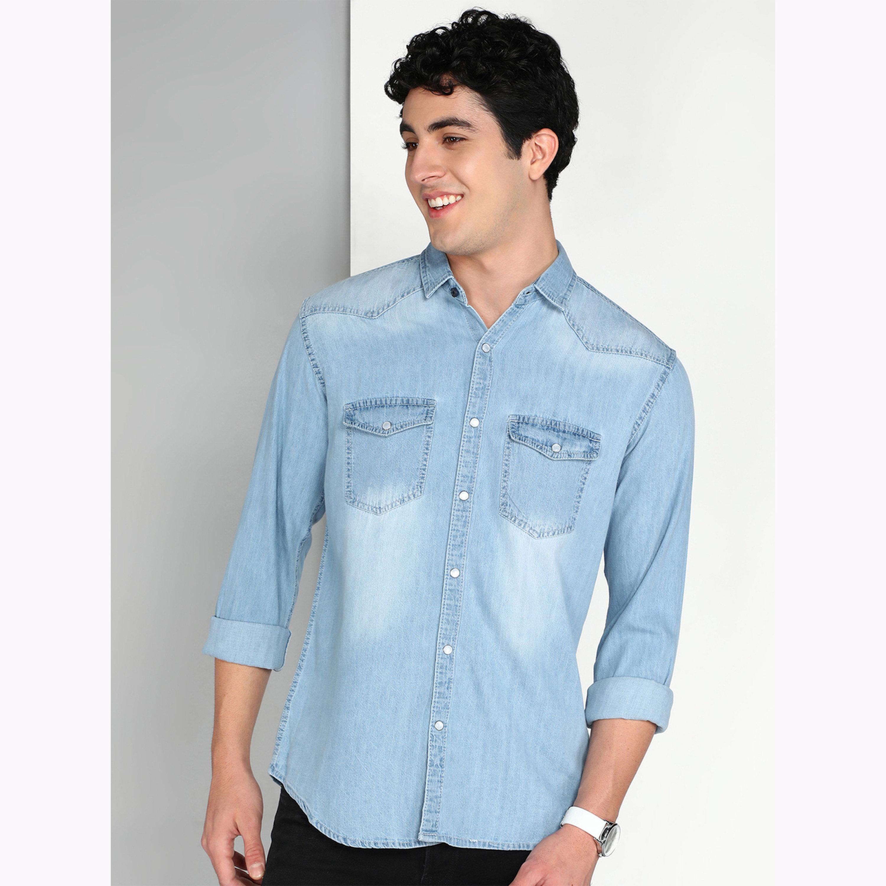 KUONS AVENUE X Styli Men Blue Denim Double Pocket Shirt-men-clothing-shirts-image-1