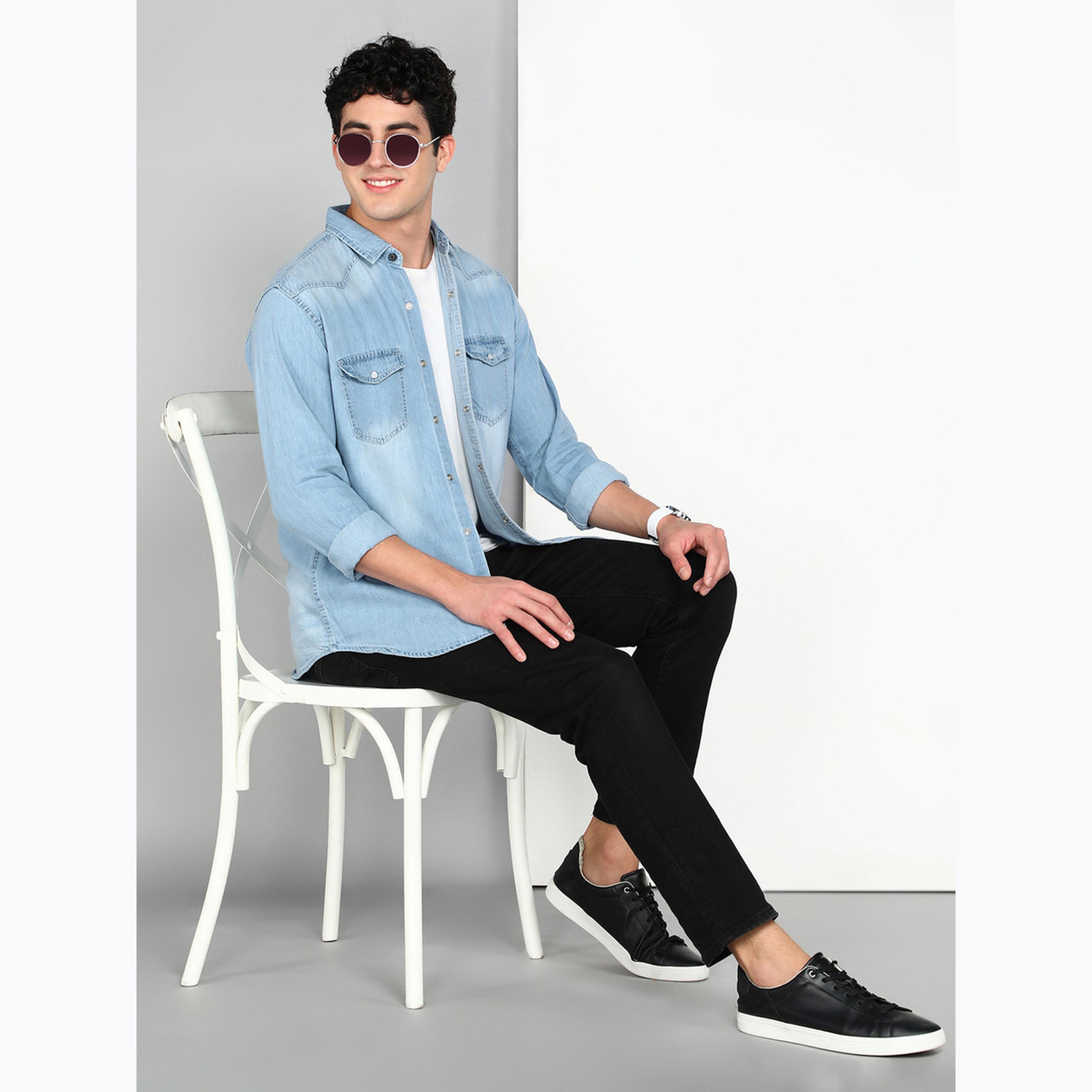 KUONS AVENUE X Styli Men Blue Denim Double Pocket Shirt-men-clothing-shirts-image-2