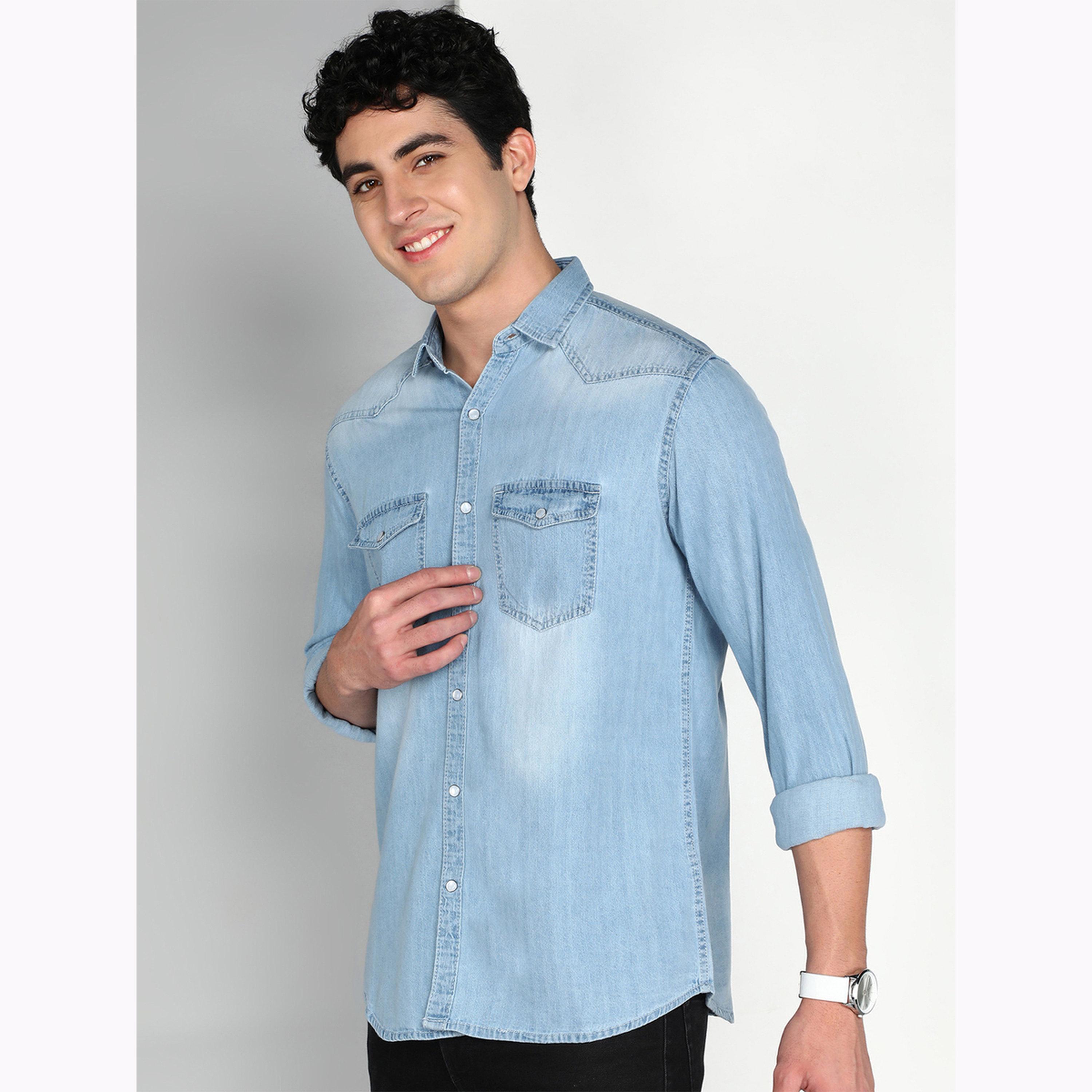 KUONS AVENUE X Styli Men Blue Denim Double Pocket Shirt-men-clothing-shirts-image-4