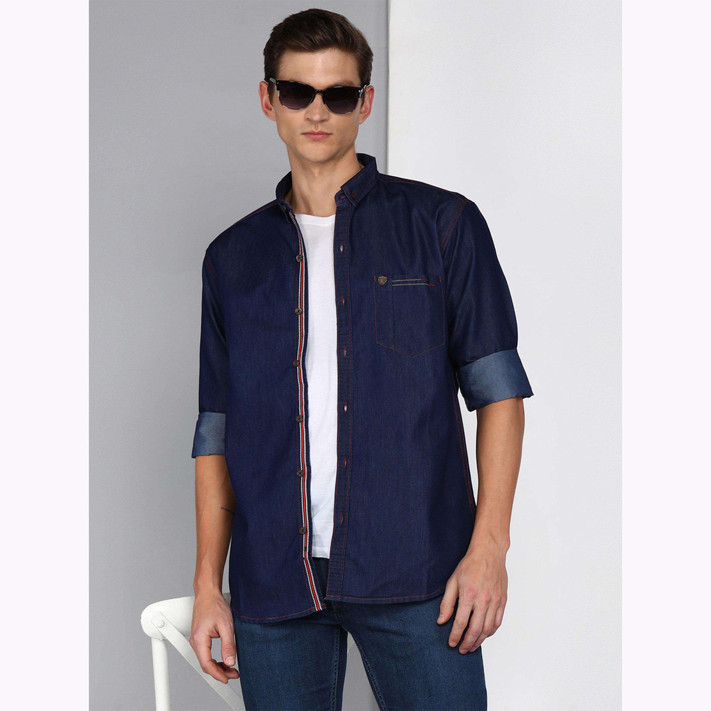 قميص دنيم رجالي قصة ضيقة بشريط جانبي-men-clothing-shirts-image-1
