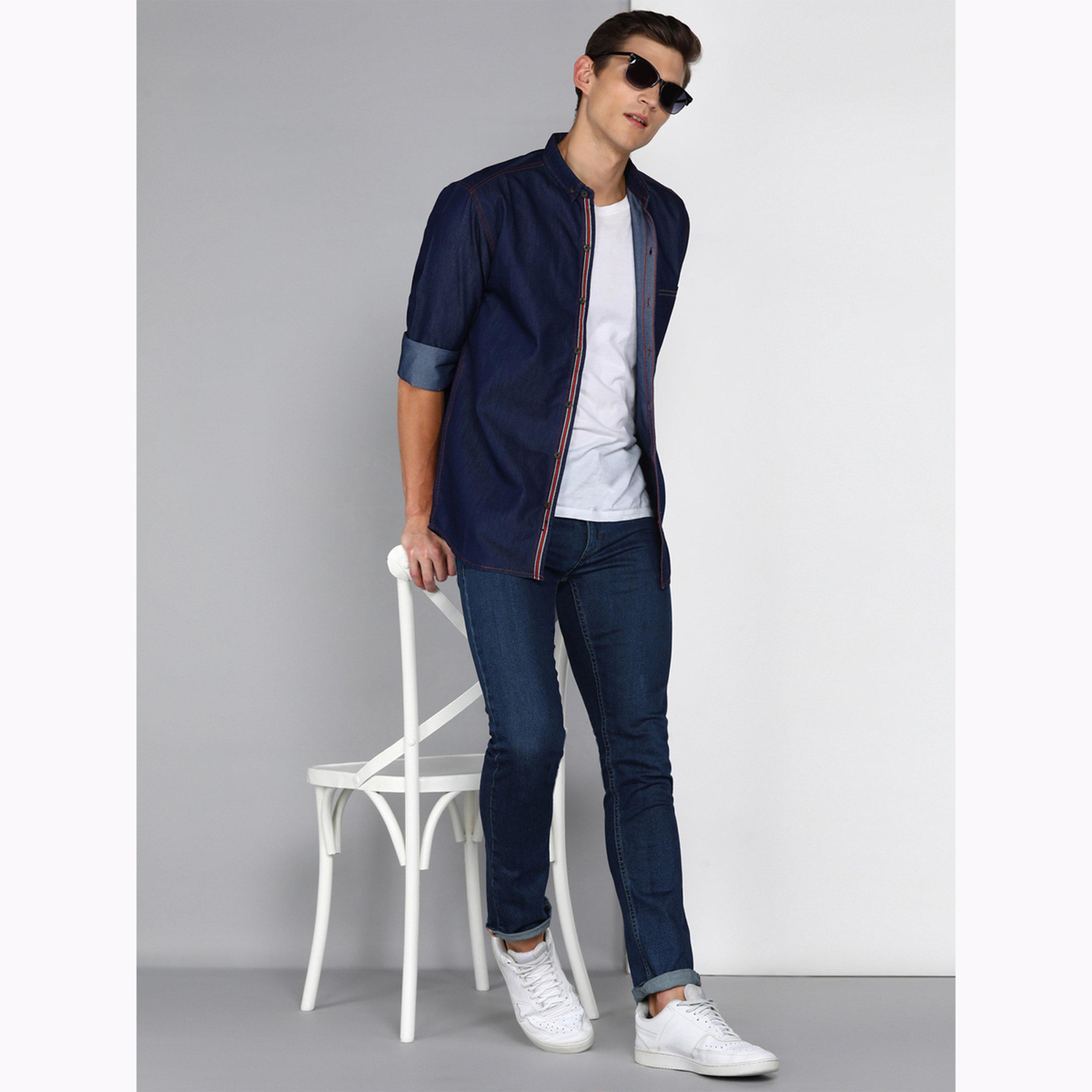 قميص دنيم رجالي قصة ضيقة بشريط جانبي-men-clothing-shirts-image-2