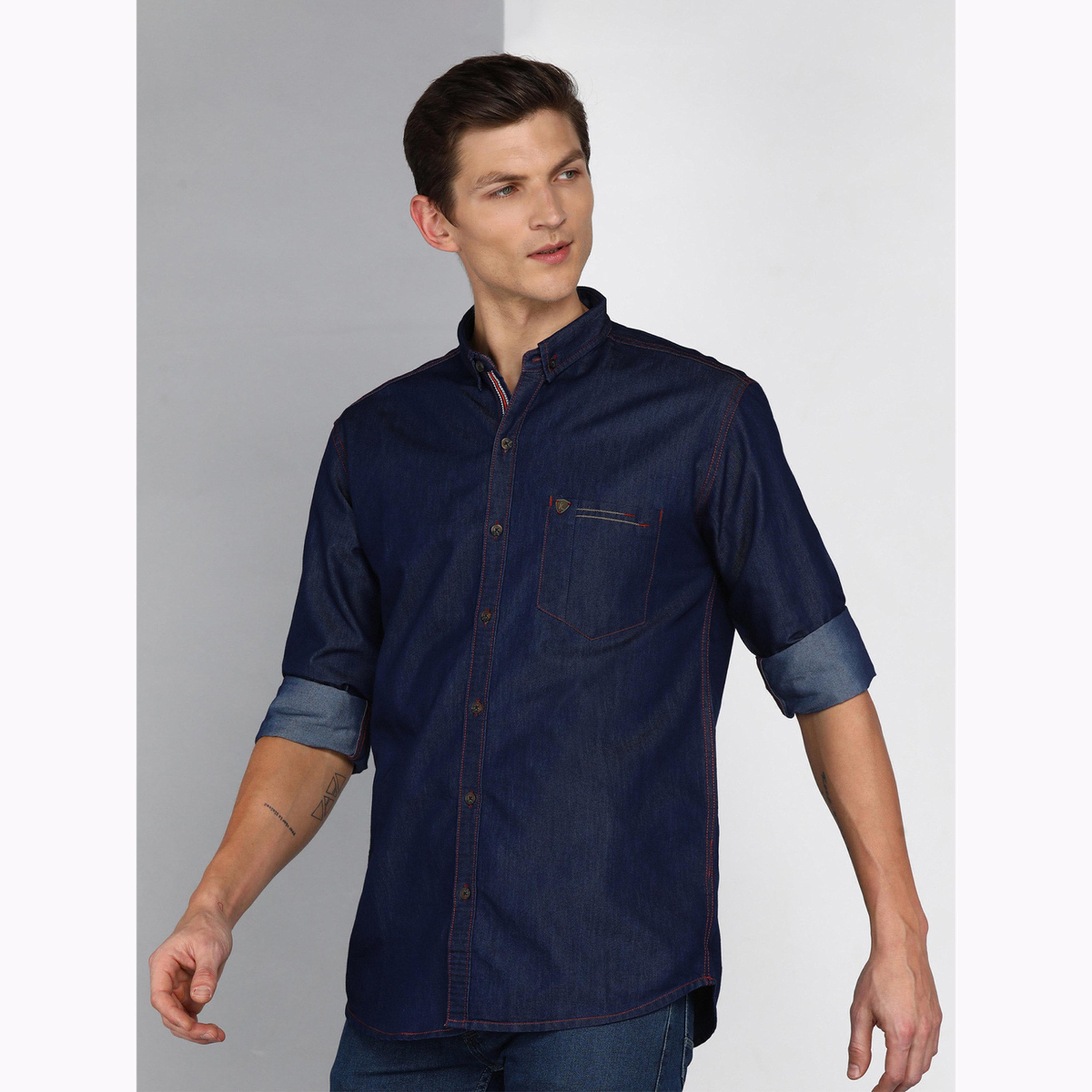 قميص دنيم رجالي قصة ضيقة بشريط جانبي-men-clothing-shirts-image-4
