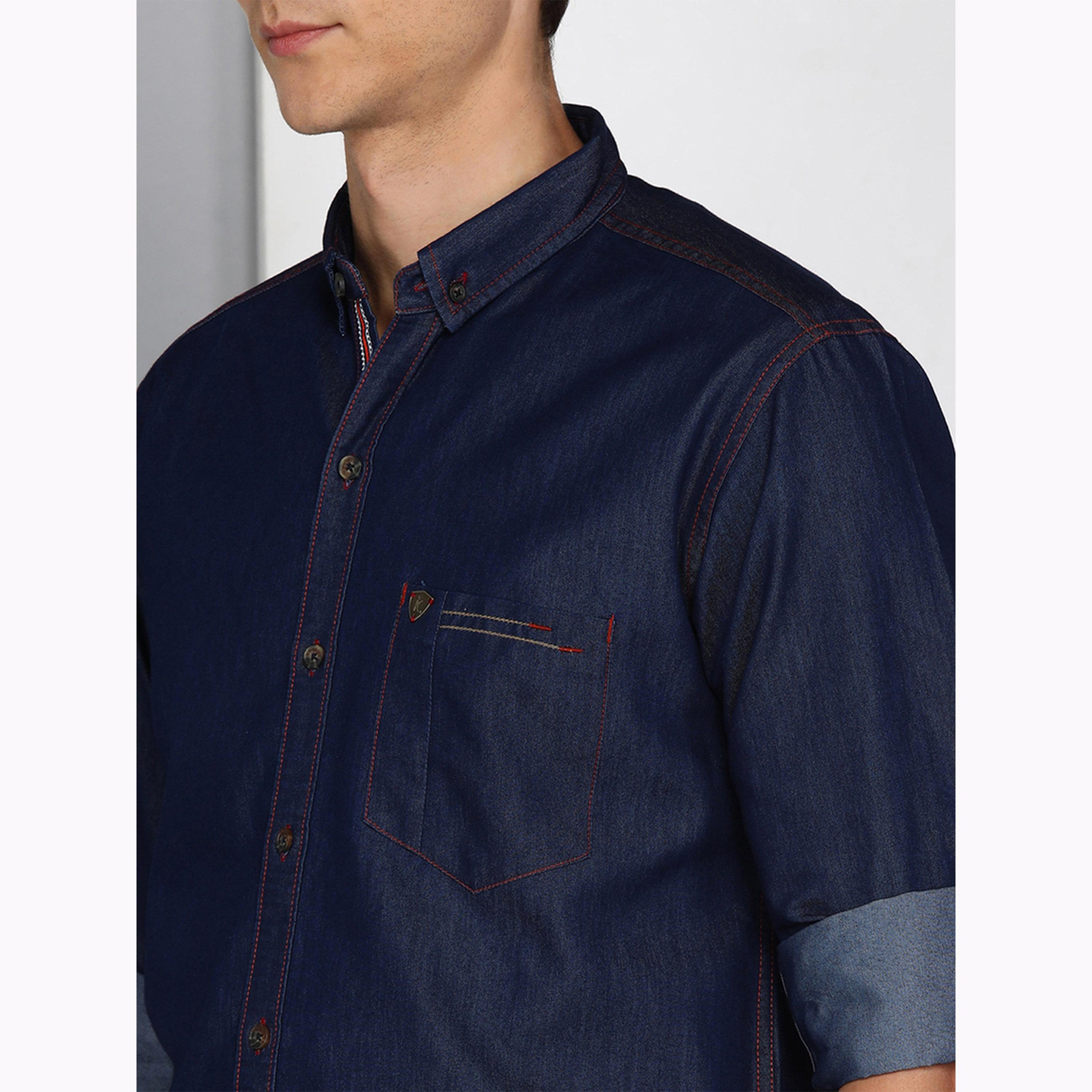قميص دنيم رجالي قصة ضيقة بشريط جانبي-men-clothing-shirts-image-5