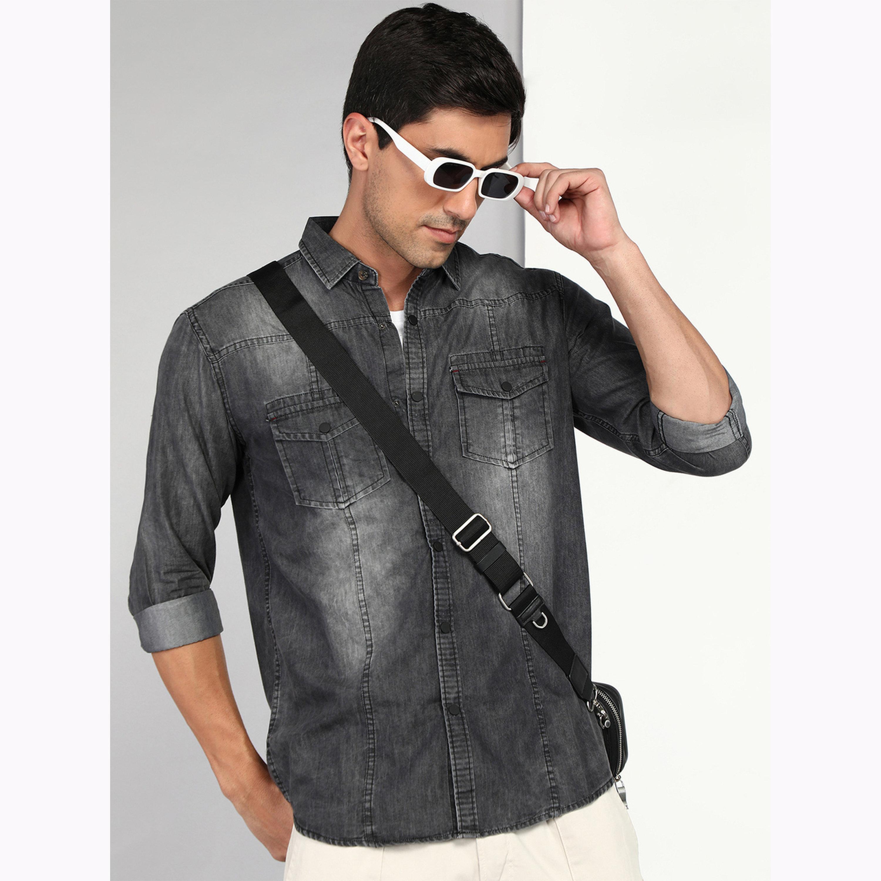 قميص دنيم رجالي باهت أسود-men-clothing-shirts-image-1