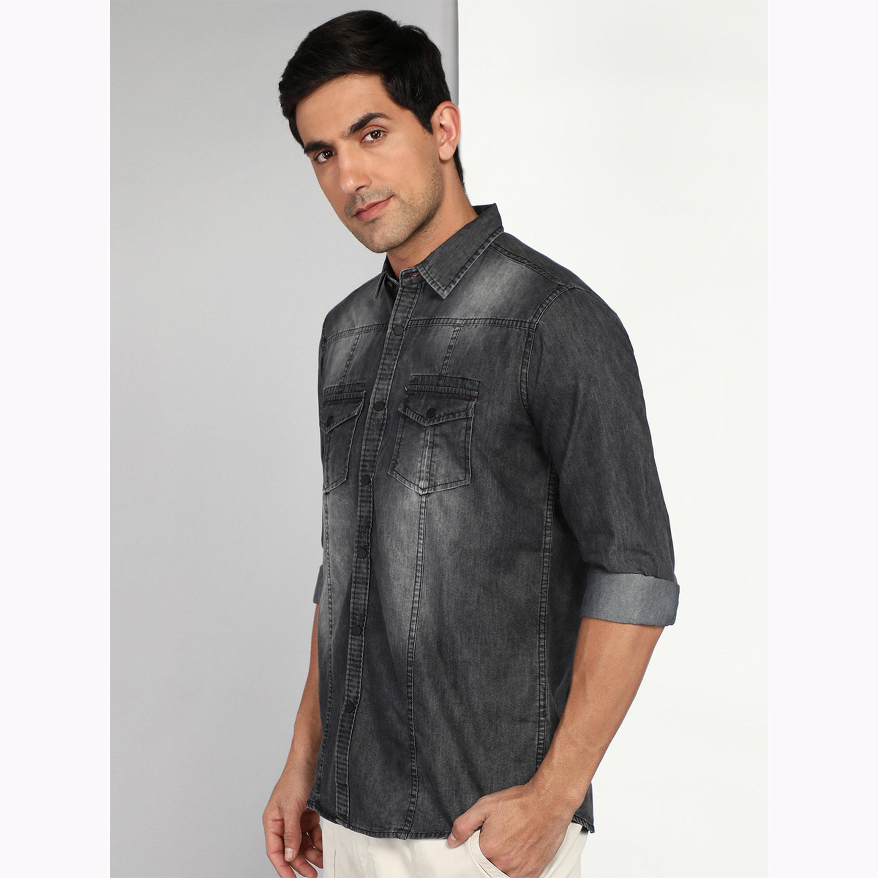 قميص دنيم رجالي باهت أسود-men-clothing-shirts-image-4