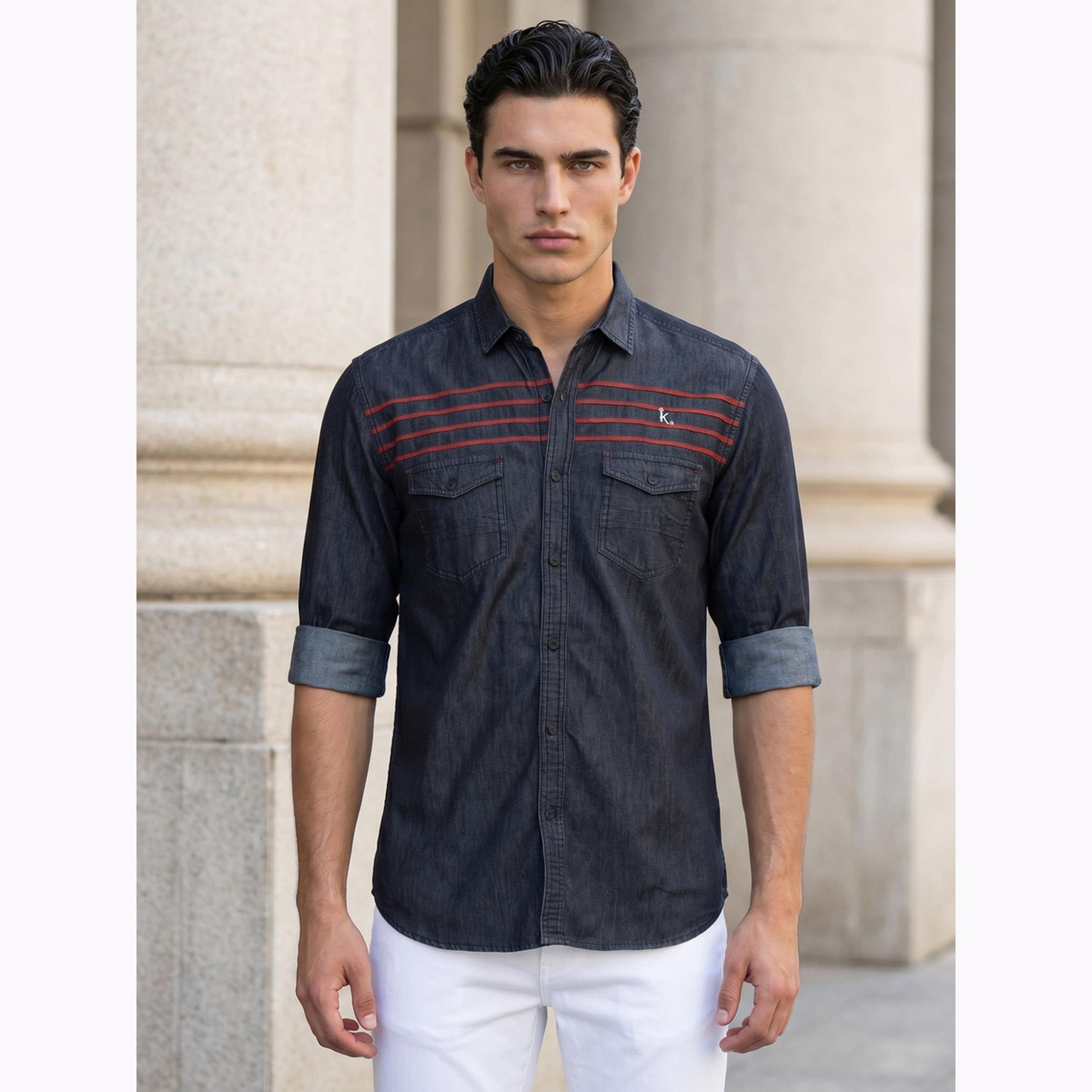 KUONS AVENUE X Styli Men Black Denim Shirt with Stripe Detail-men-clothing-shirts-image-1