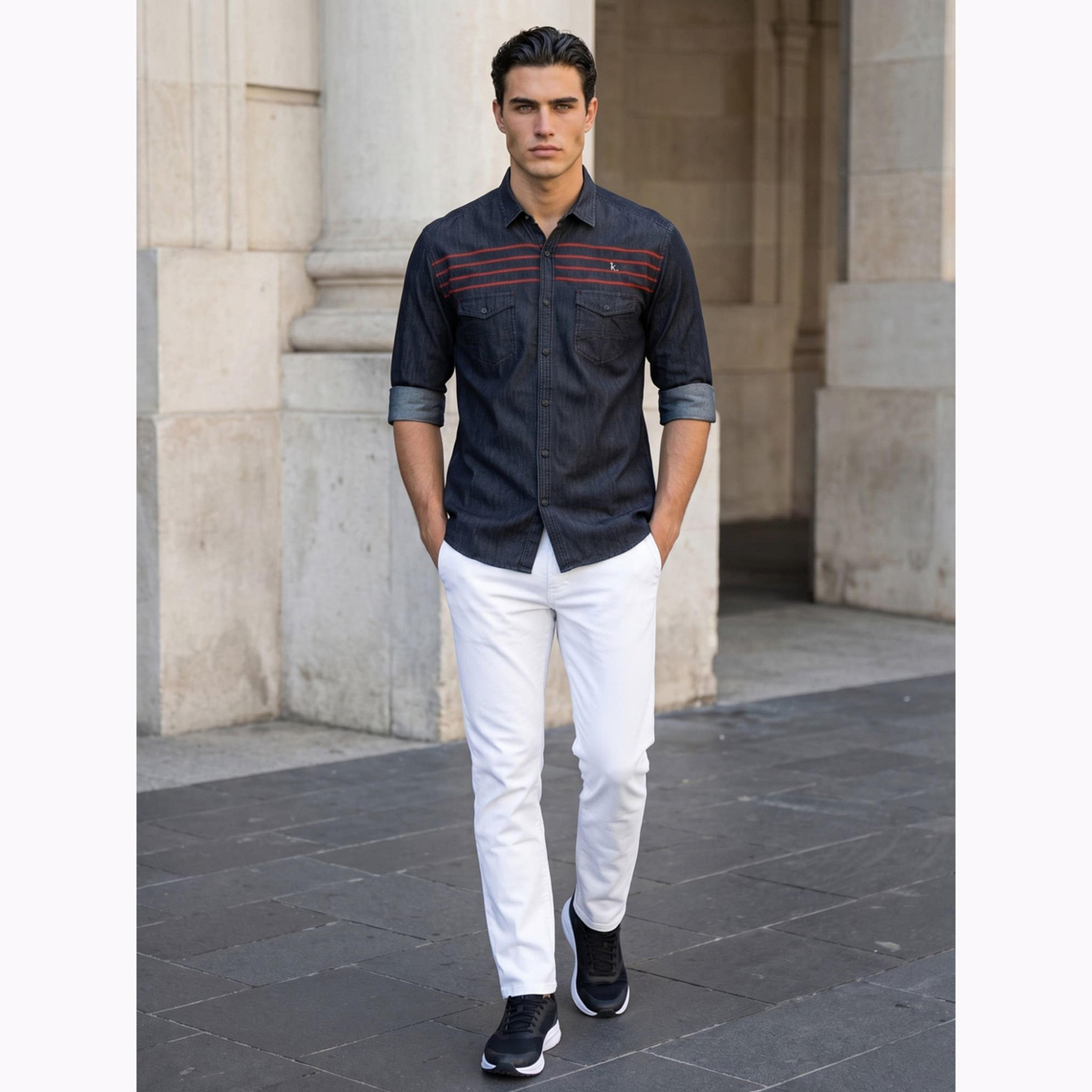 قميص دنيم أسود بتفاصيل مخططة-men-clothing-shirts-image-2