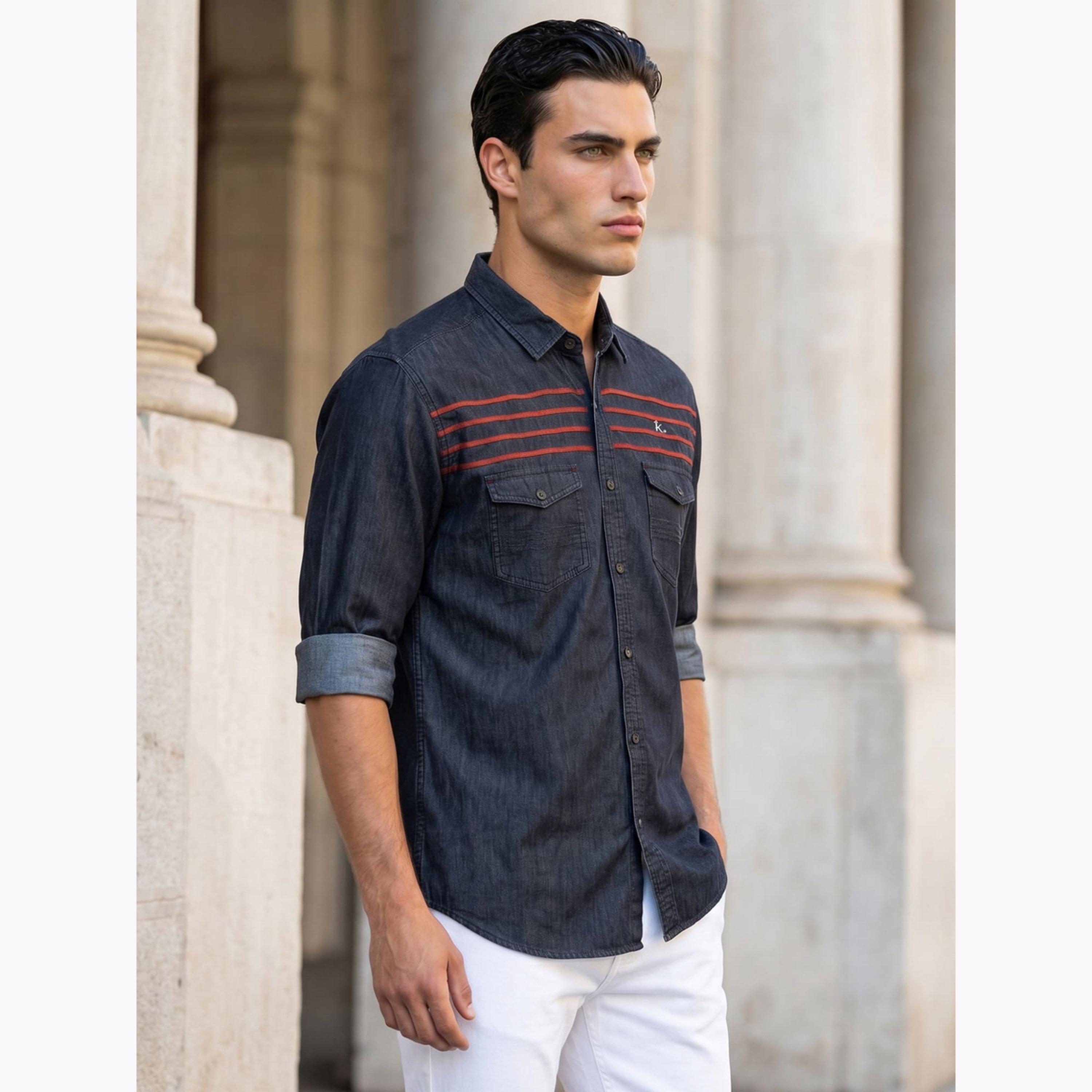 KUONS AVENUE X Styli Men Black Denim Shirt with Stripe Detail-men-clothing-shirts-image-3