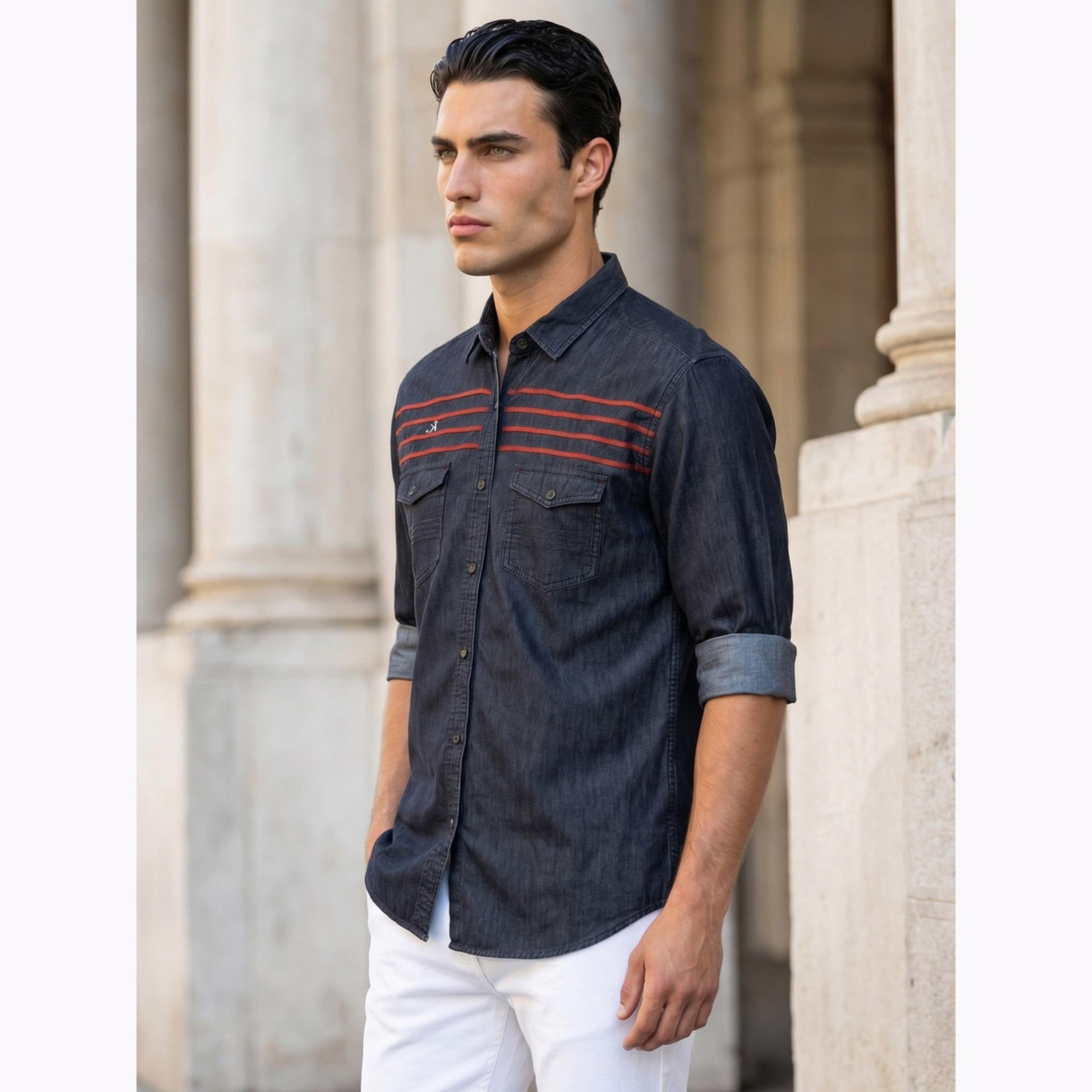 قميص دنيم أسود بتفاصيل مخططة-men-clothing-shirts-image-4
