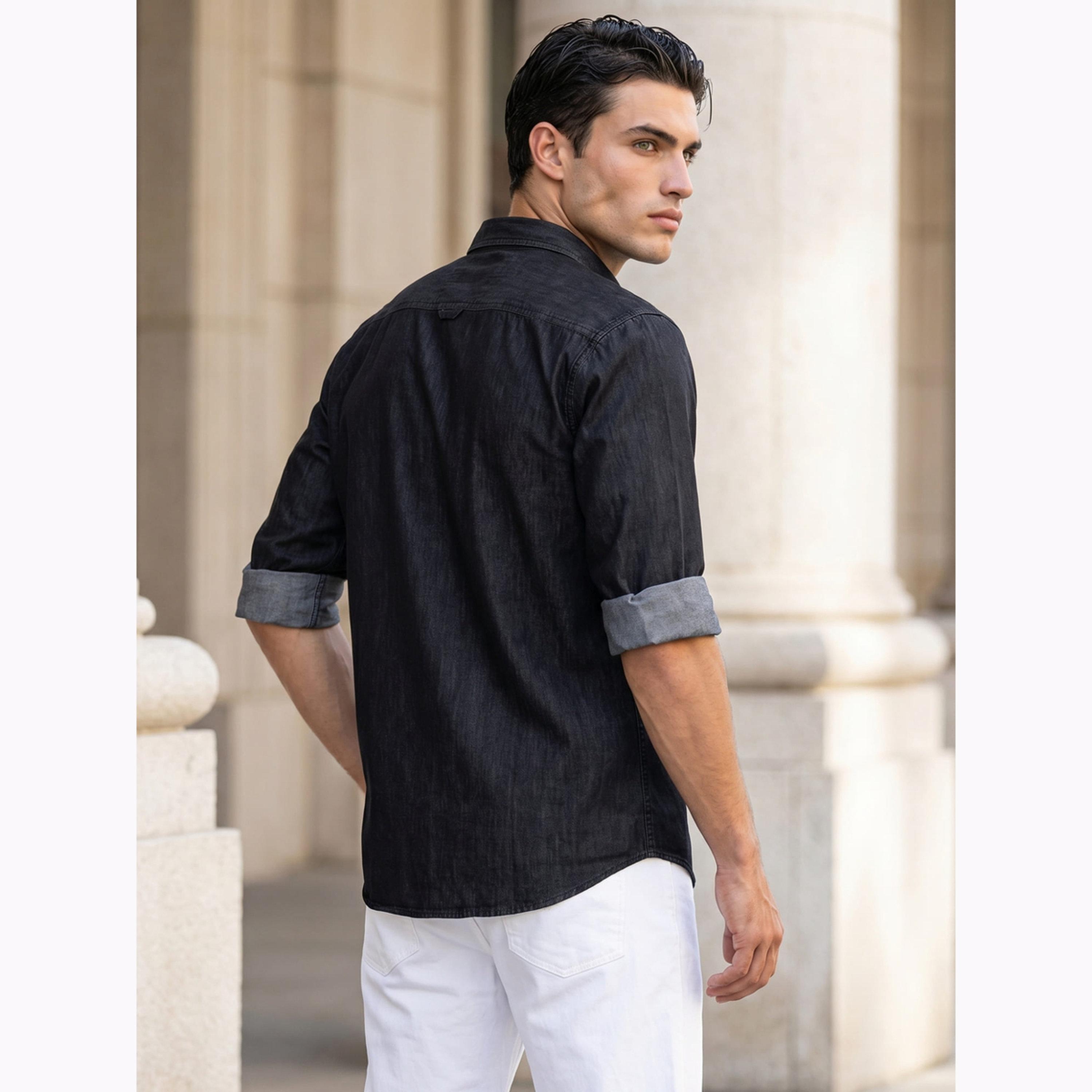 قميص دنيم أسود بتفاصيل مخططة-men-clothing-shirts-image-5