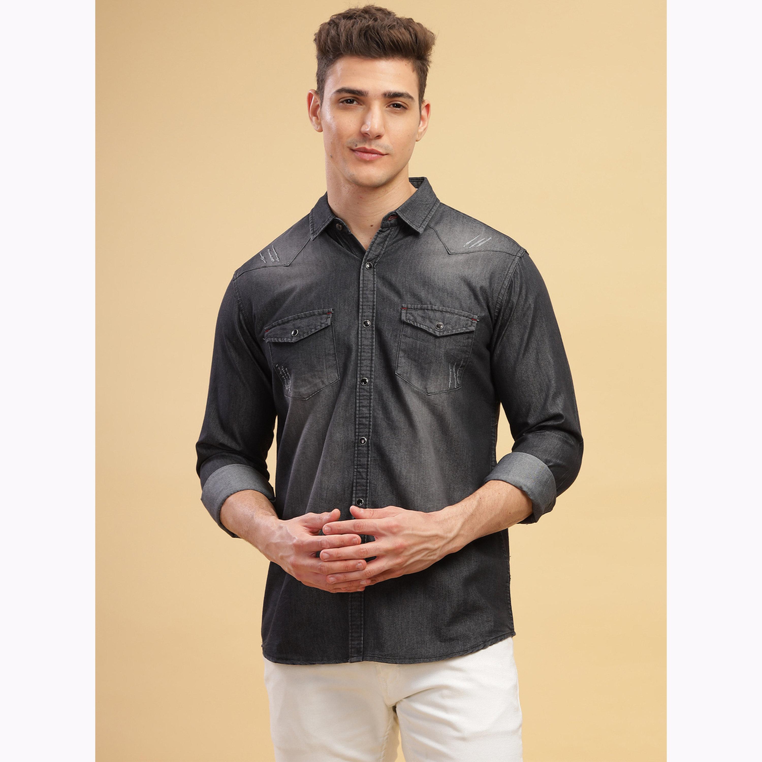 قميص دنيم أسود باهت بجيب-men-clothing-shirts-image-1