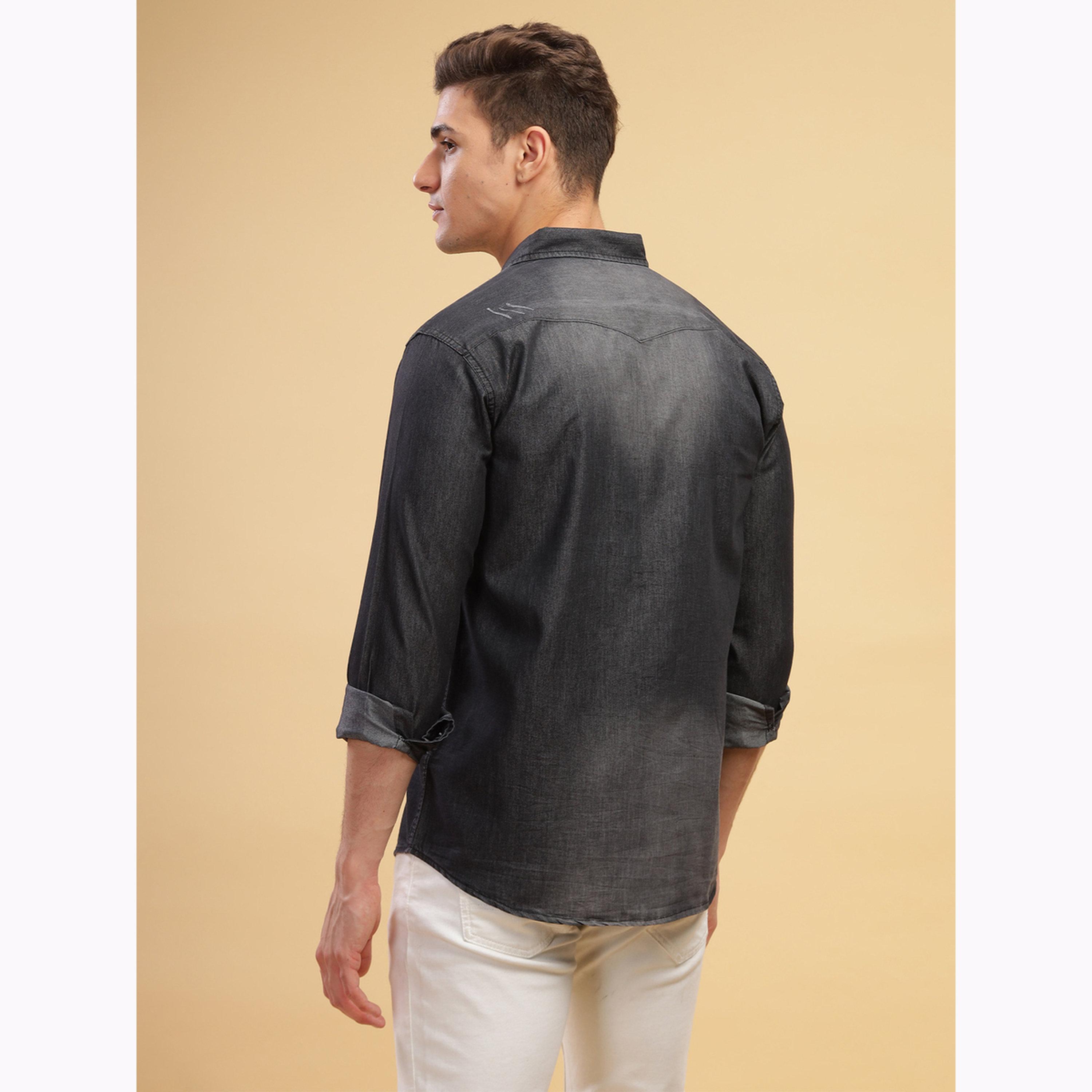 KUONS AVENUE X Styli Men Black Faded Denim Shirt with Pocket-men-clothing-shirts-image-3