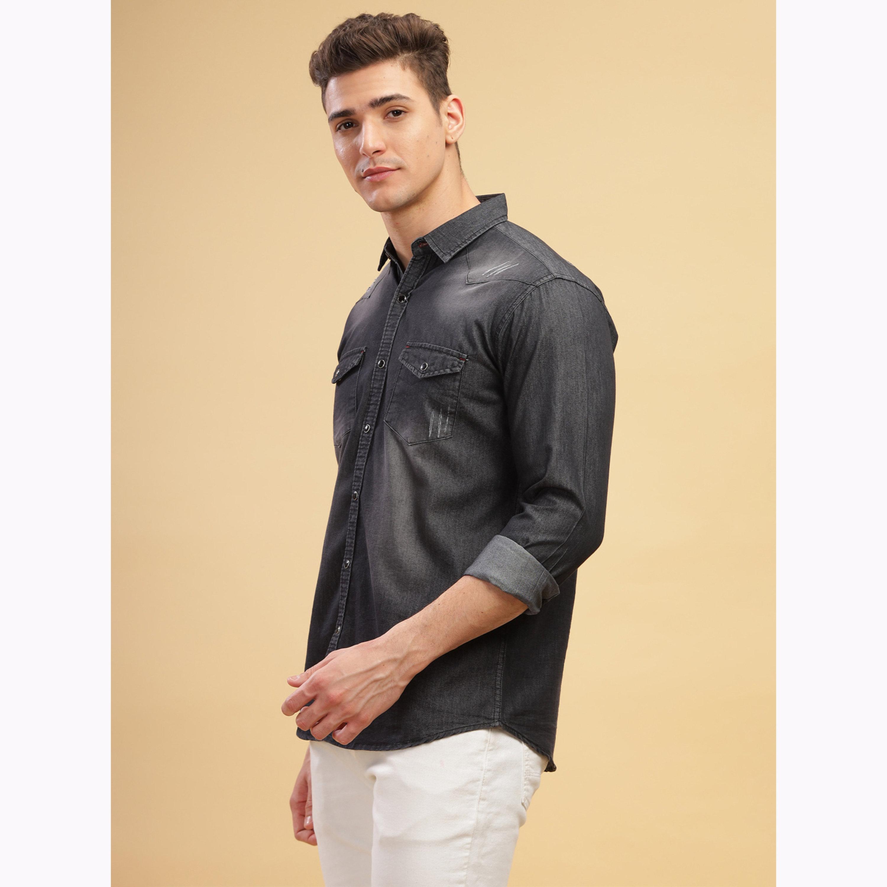 KUONS AVENUE X Styli Men Black Faded Denim Shirt with Pocket-men-clothing-shirts-image-4