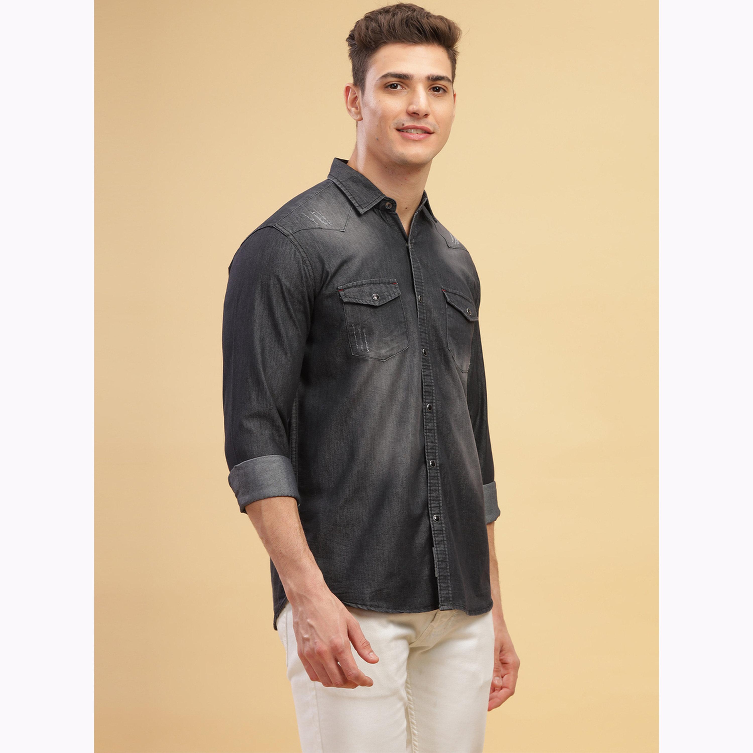 KUONS AVENUE X Styli Men Black Faded Denim Shirt with Pocket-men-clothing-shirts-image-5