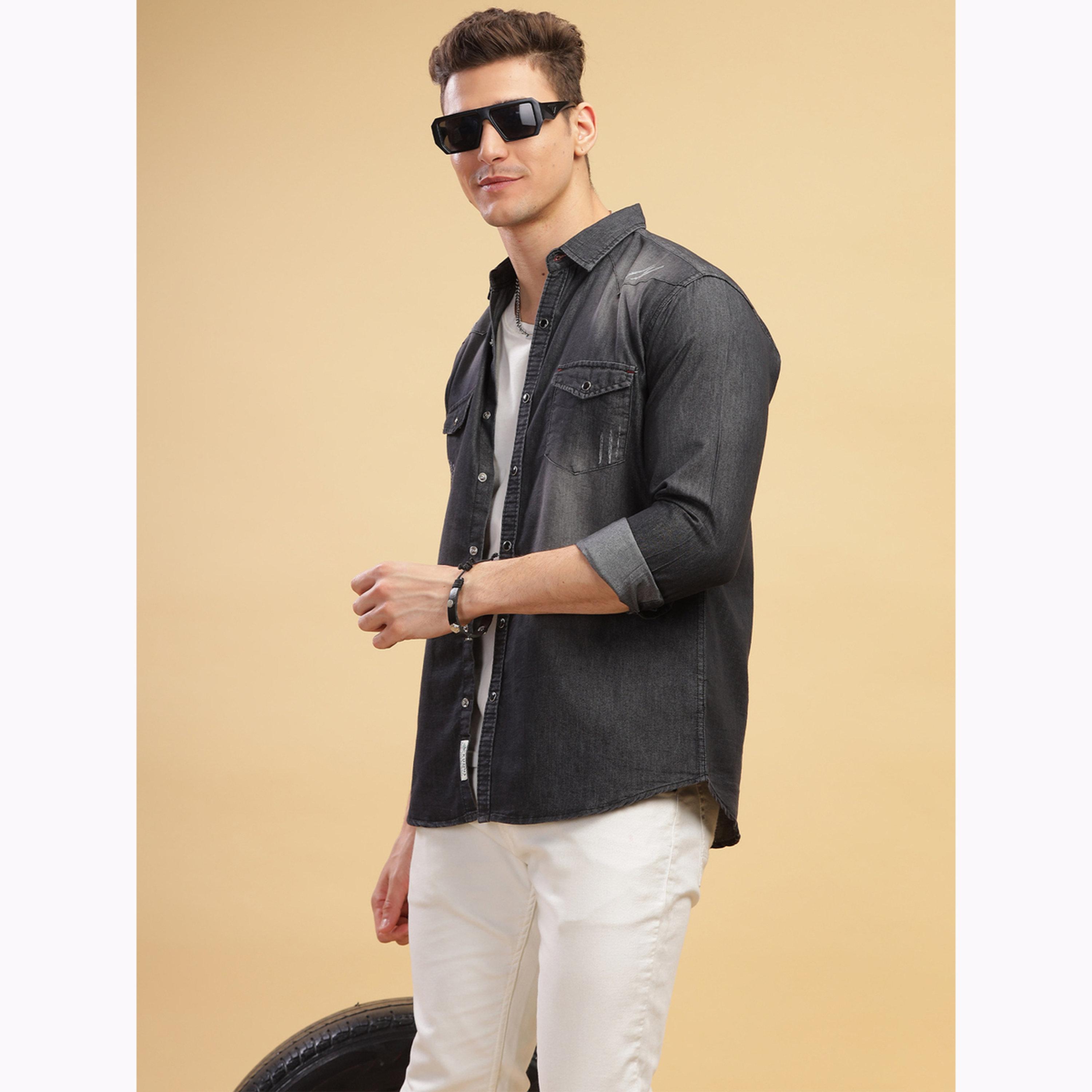 KUONS AVENUE X Styli Men Black Faded Denim Shirt with Pocket-men-clothing-shirts-image-6