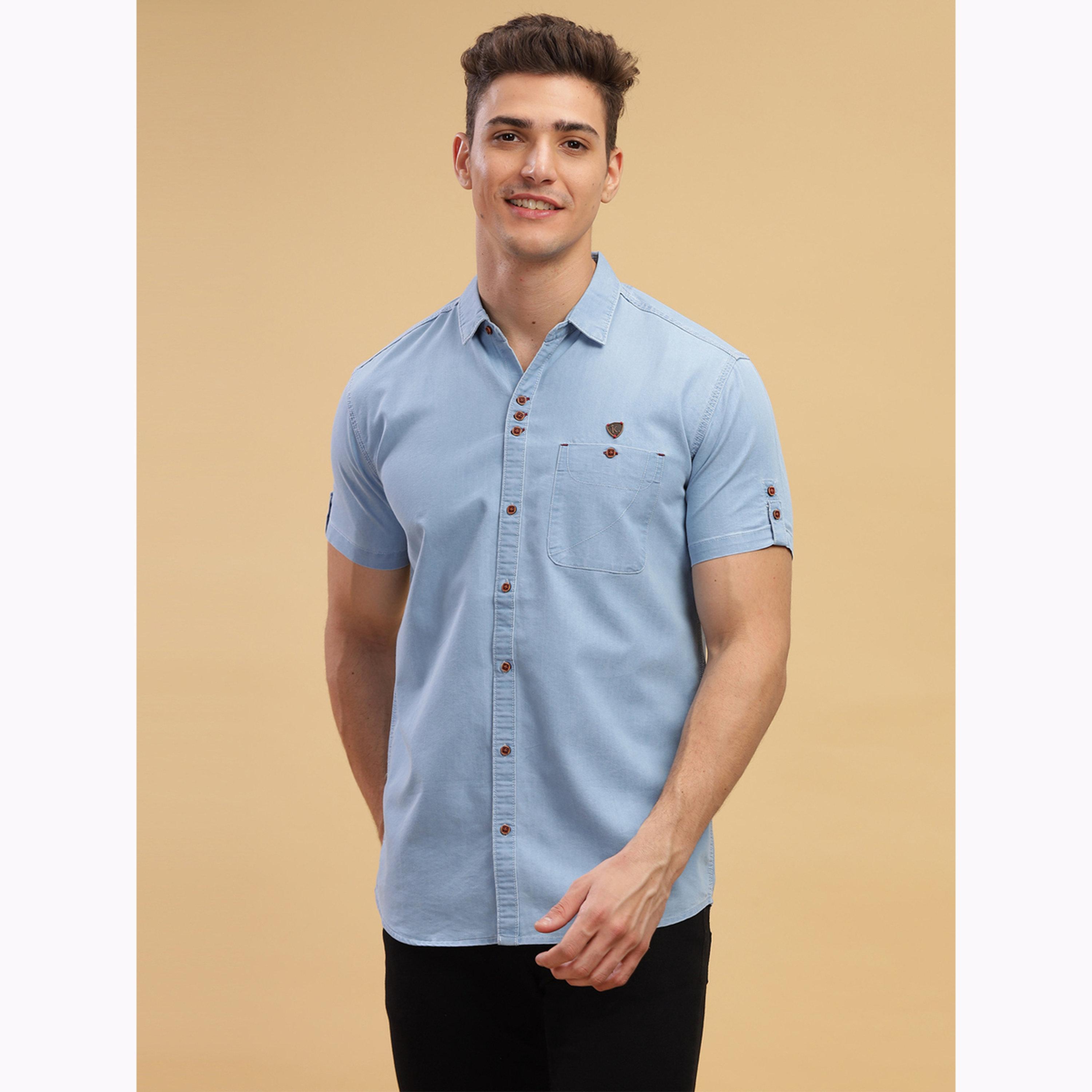 KUONS AVENUE X Styli Men Light Blue Denim Short Sleeve Shirt-men-clothing-shirts-image-1