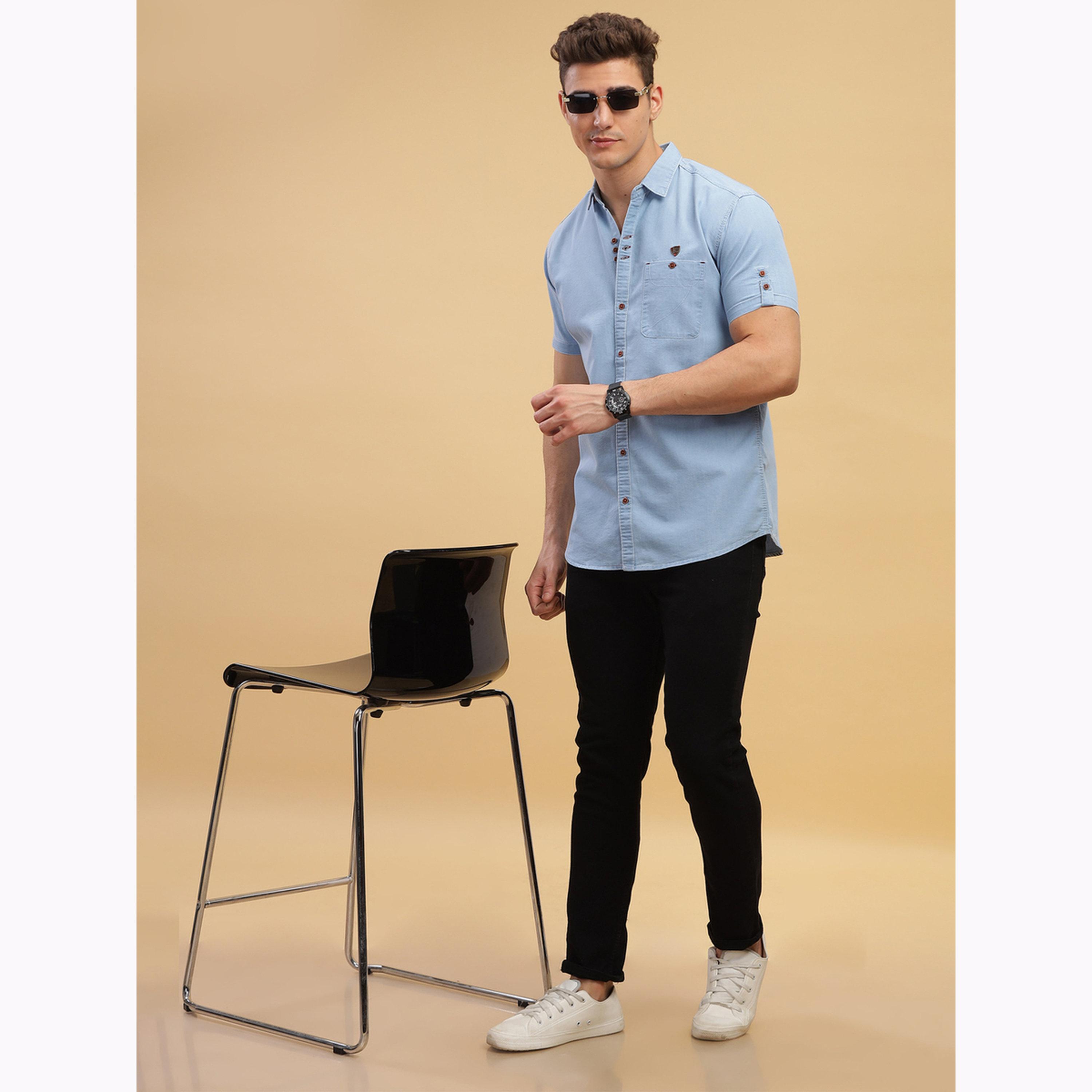 KUONS AVENUE X Styli Men Light Blue Denim Short Sleeve Shirt-men-clothing-shirts-image-2