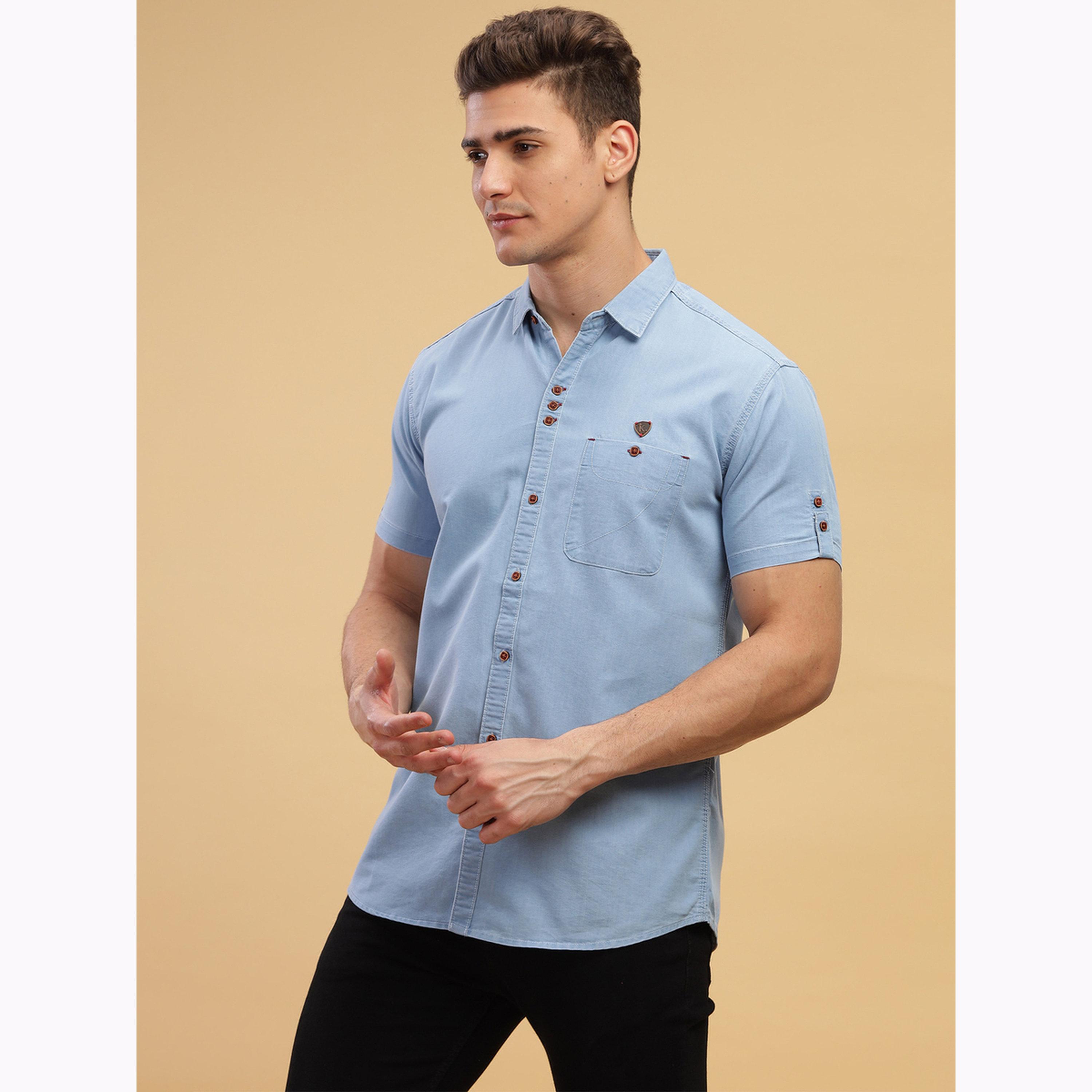 KUONS AVENUE X Styli Men Light Blue Denim Short Sleeve Shirt-men-clothing-shirts-image-5