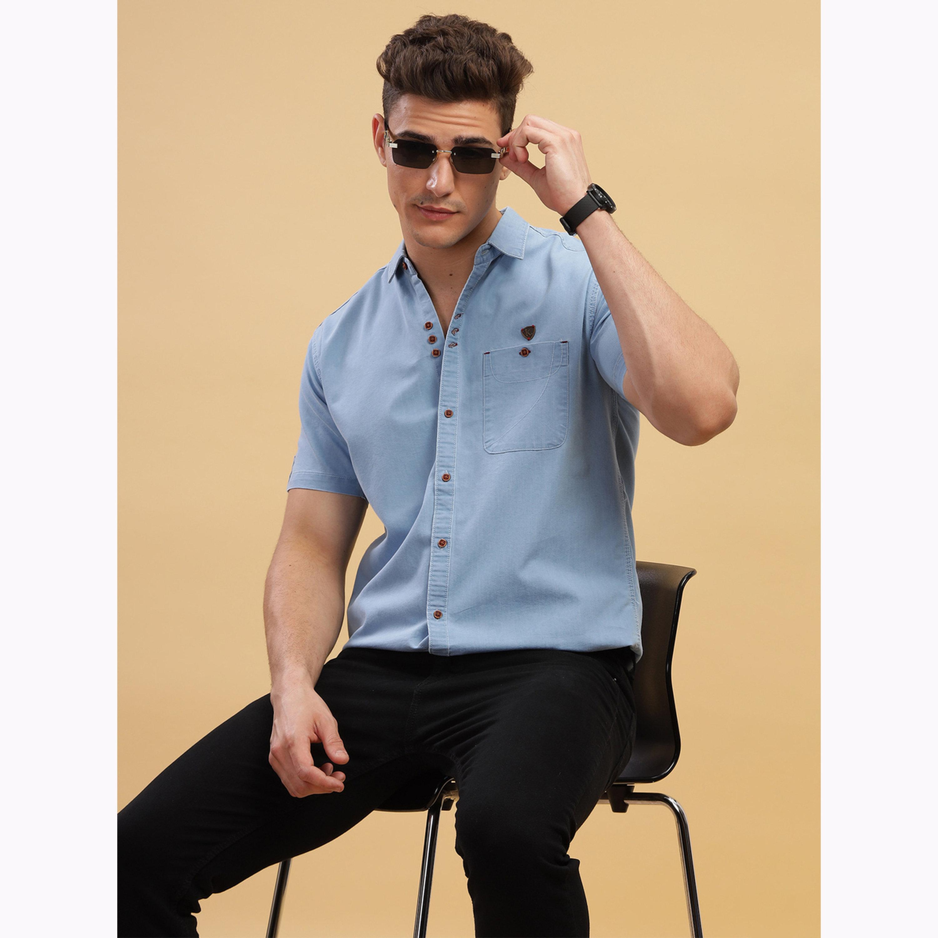 KUONS AVENUE X Styli Men Light Blue Denim Short Sleeve Shirt-men-clothing-shirts-image-6