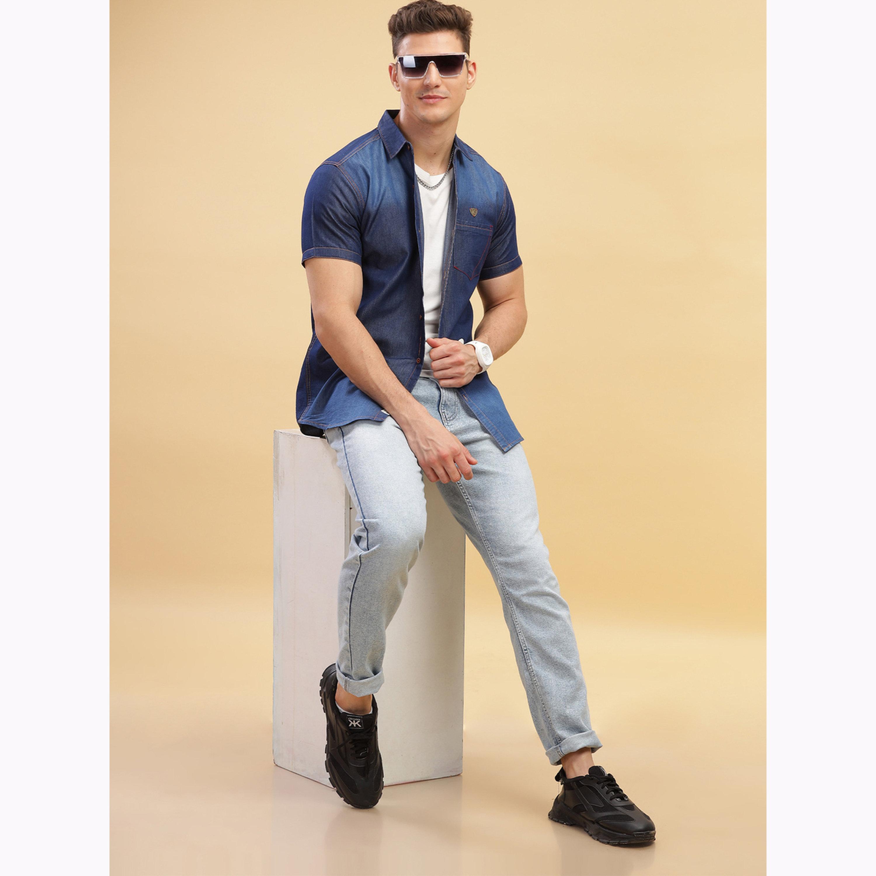 KUONS AVENUE X Styli Men Blue Denim Short Sleeve Shirt-men-clothing-shirts-image-2