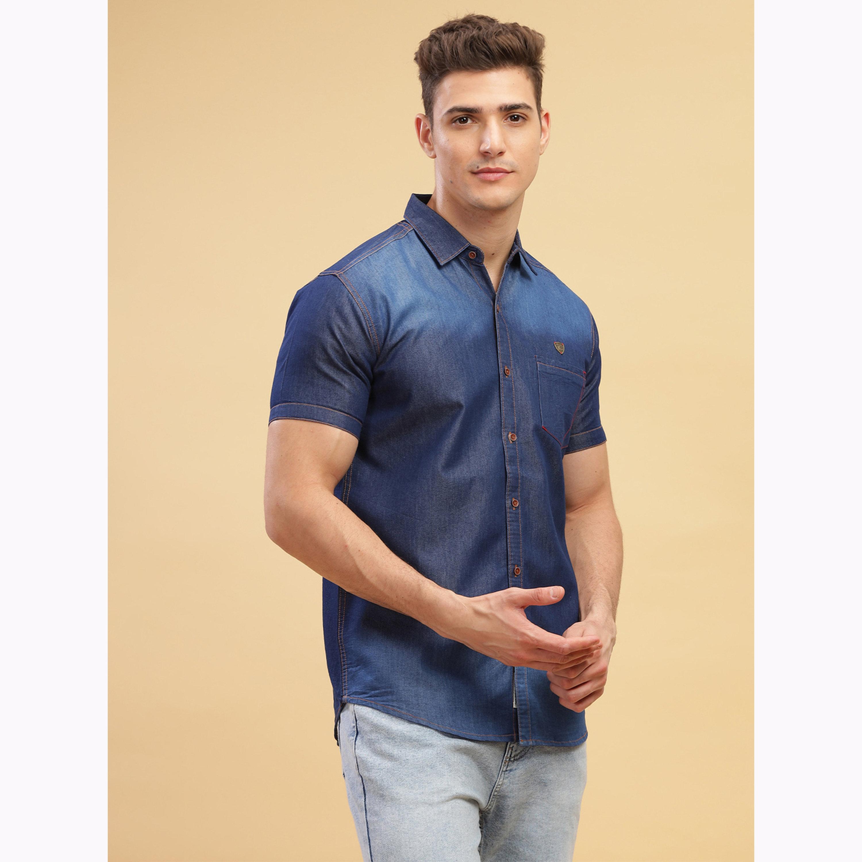 KUONS AVENUE X Styli Men Blue Denim Short Sleeve Shirt-men-clothing-shirts-image-4