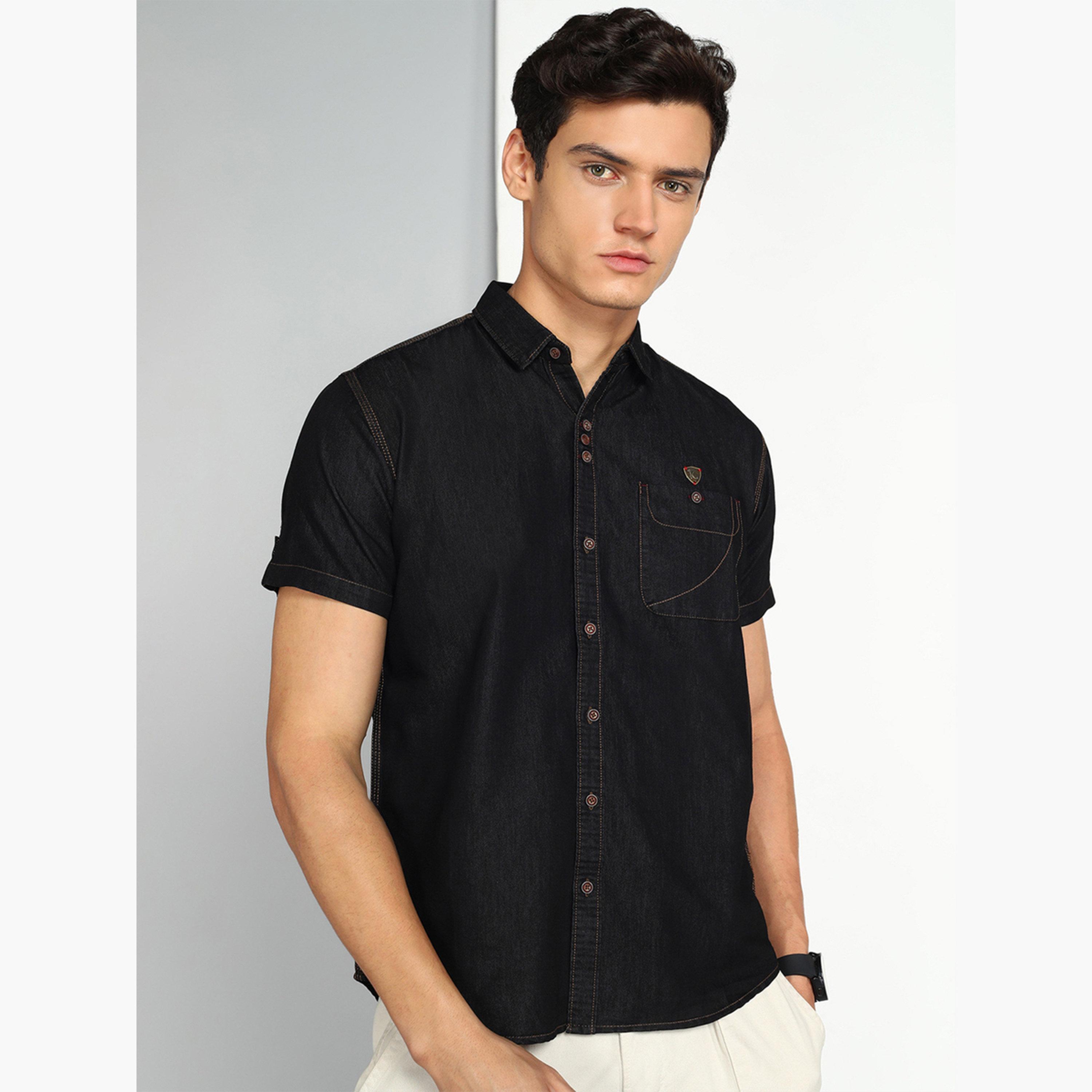 قميص دنيم رجالي أسود بأكمام قصيرة-men-clothing-shirts-image-1