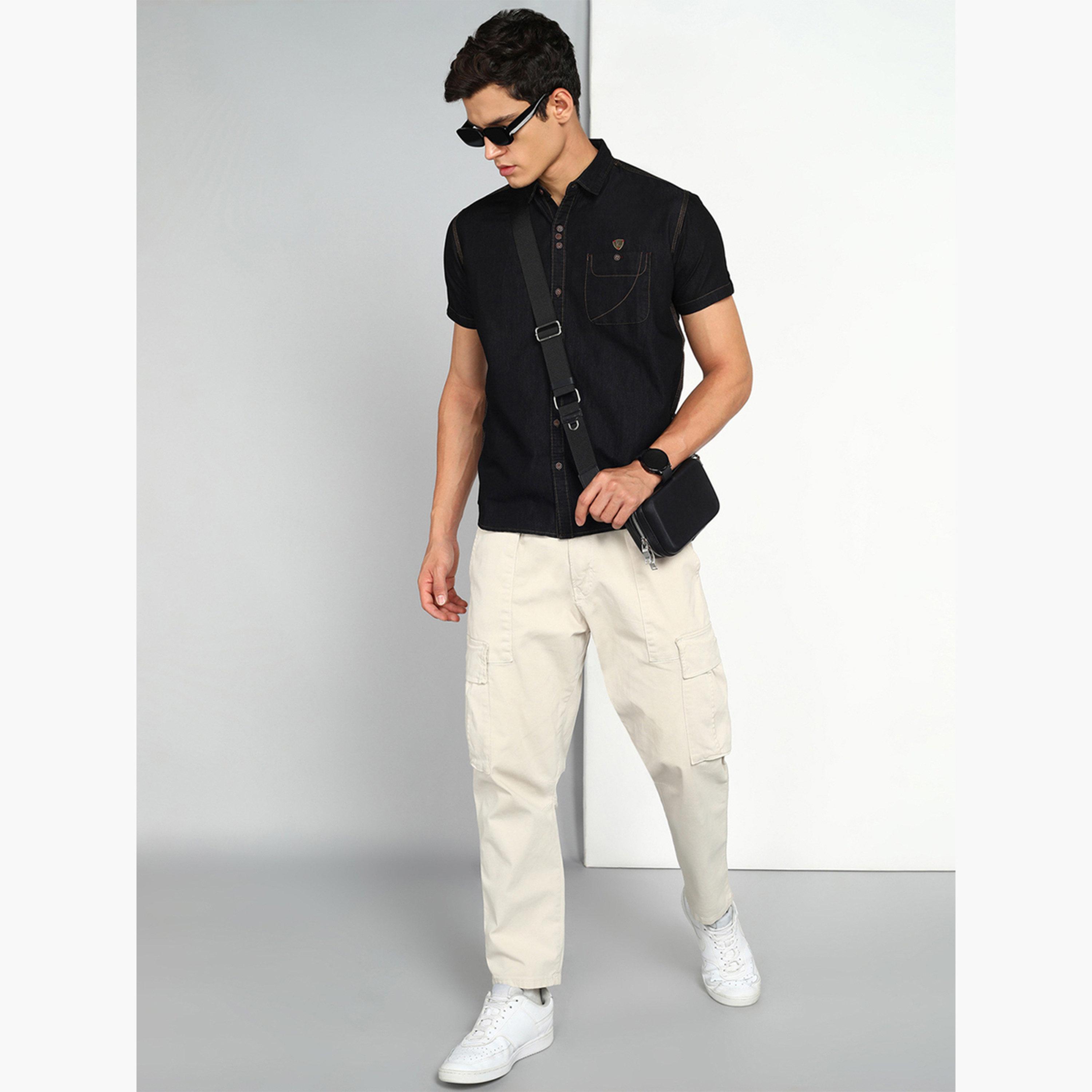 قميص دنيم رجالي أسود بأكمام قصيرة-men-clothing-shirts-image-2