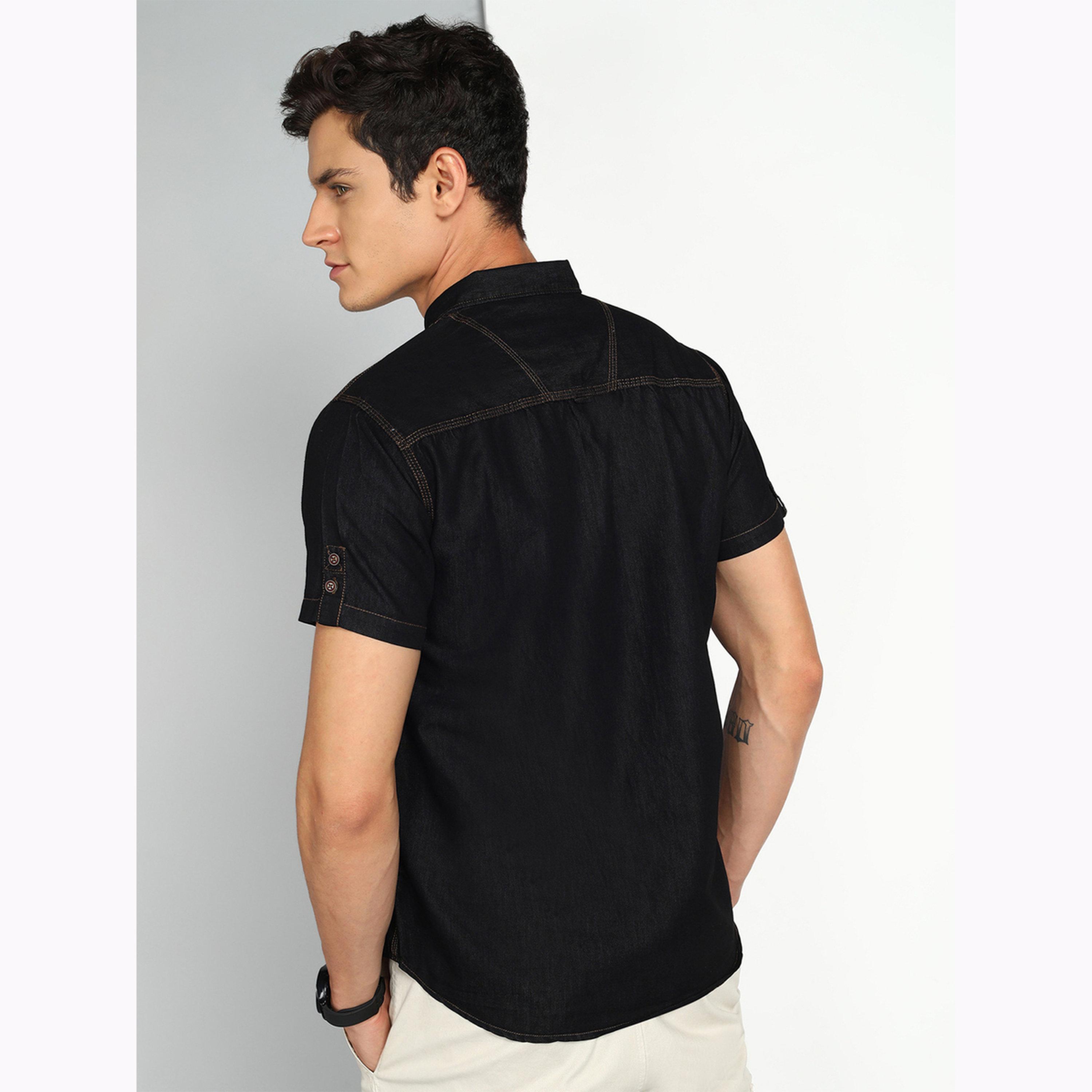 قميص دنيم رجالي أسود بأكمام قصيرة-men-clothing-shirts-image-3