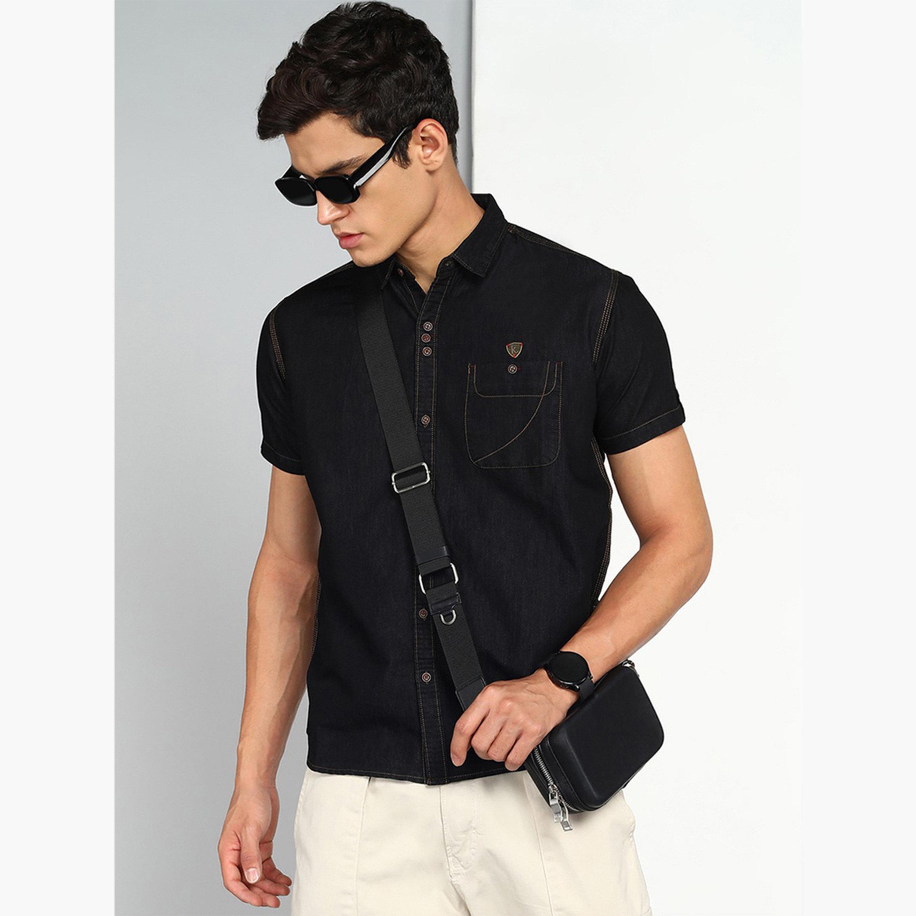 قميص دنيم رجالي أسود بأكمام قصيرة-men-clothing-shirts-image-5