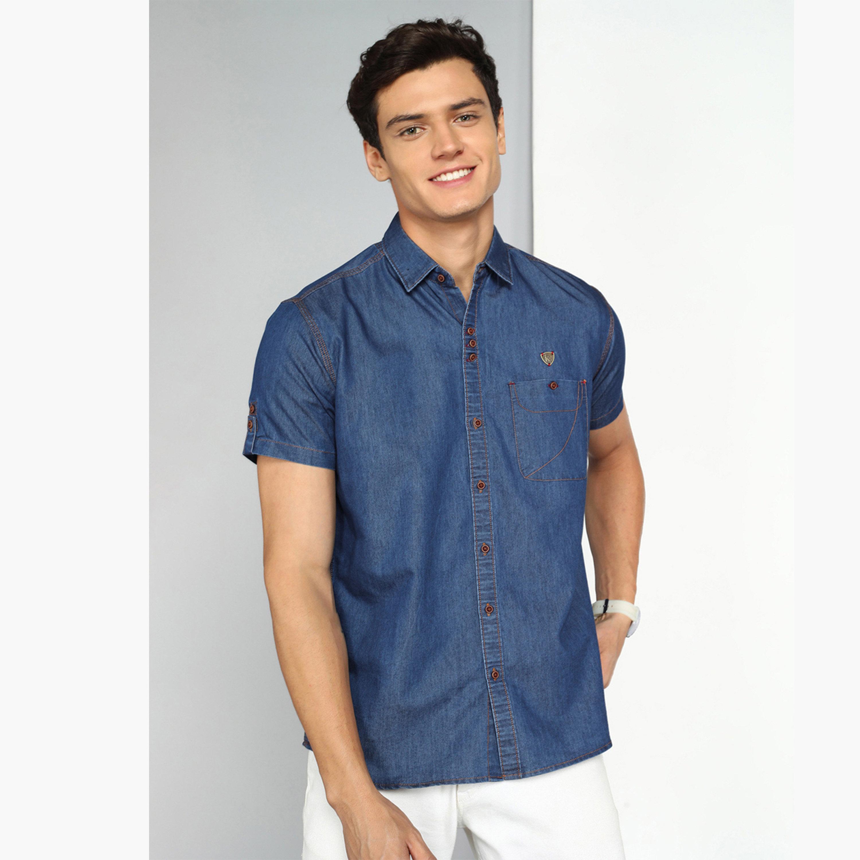 KUONS AVENUE X Styli Men Blue Denim Short Sleeve Shirt-men-clothing-shirts-image-1