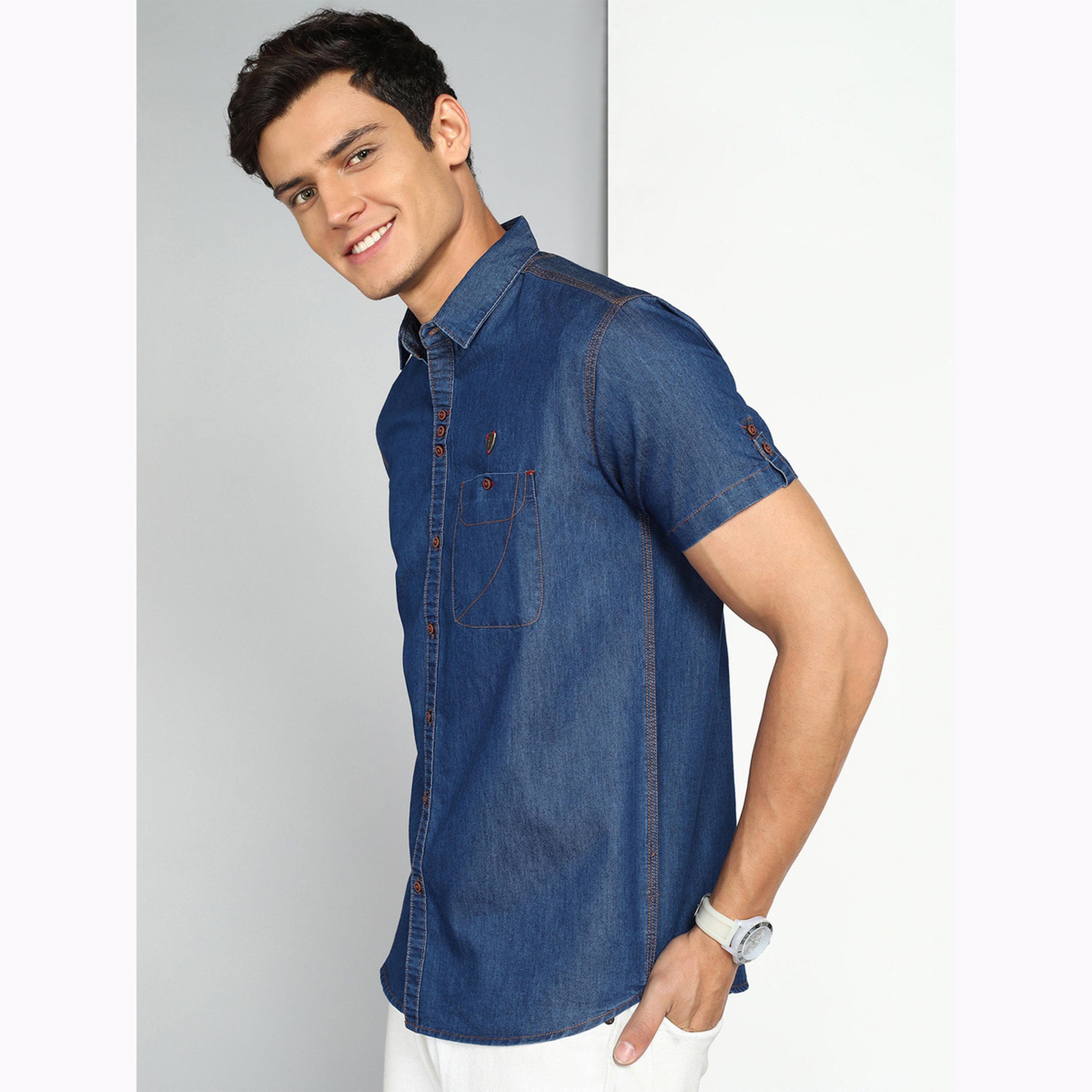 KUONS AVENUE X Styli Men Blue Denim Short Sleeve Shirt-men-clothing-shirts-image-4