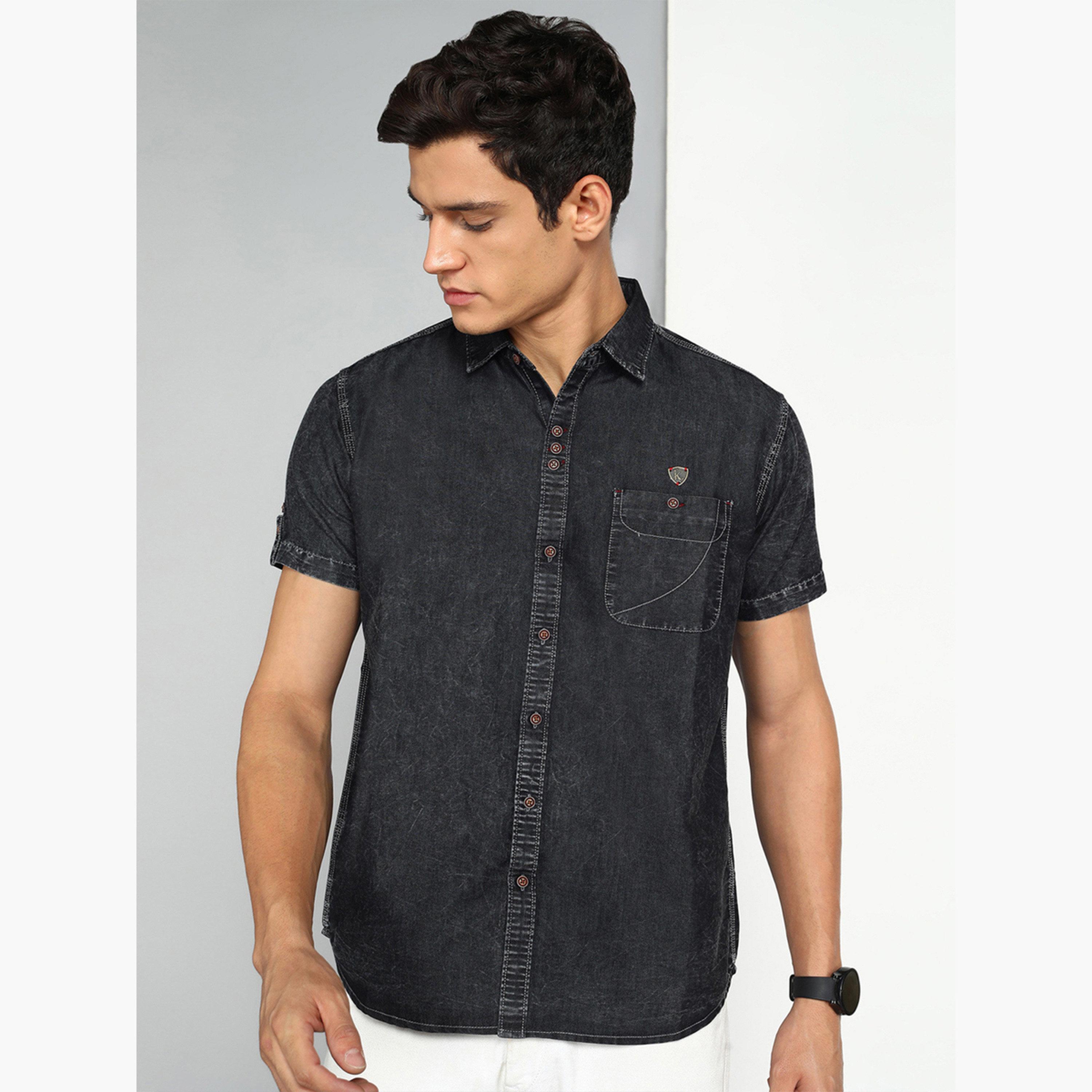 قميص دنيم رجالي أسود بأكمام قصيرة-men-clothing-shirts-image-1