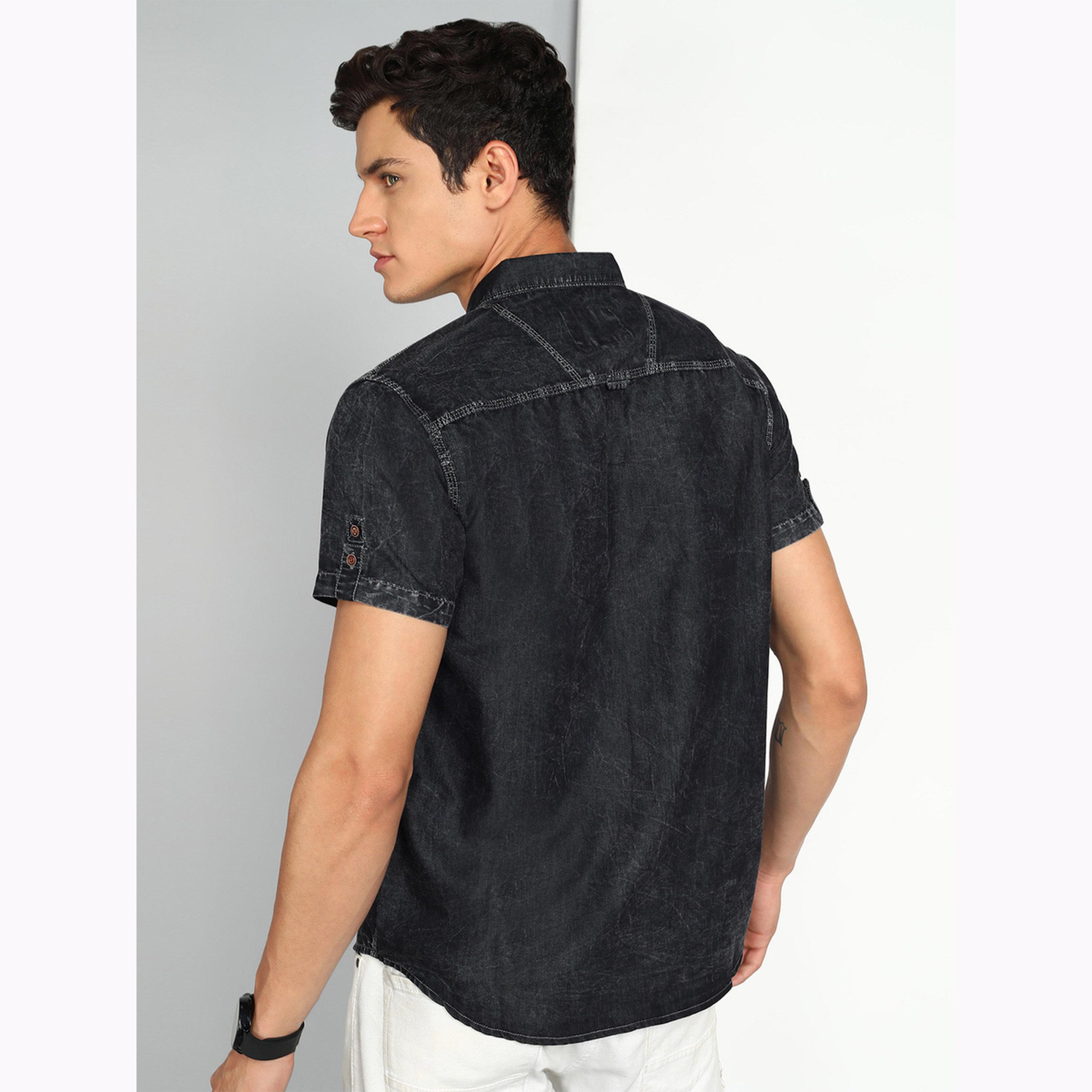 KUONS AVENUE X Styli Men Black Denim Short Sleeve Shirt-men-clothing-shirts-image-3