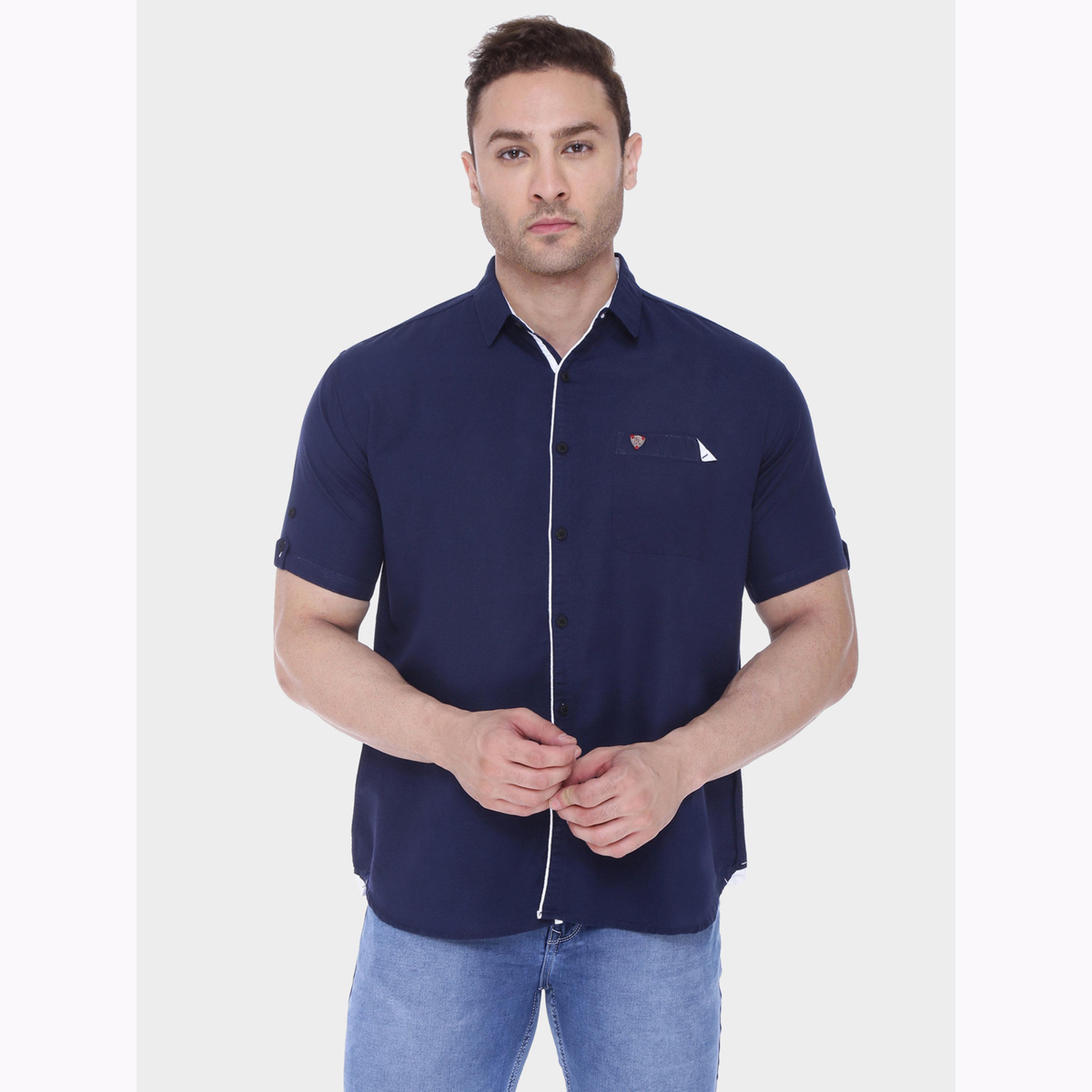 قميص رجالي مزيج كتان كحلي بأكمام قصيرة-men-clothing-shirts-image-1