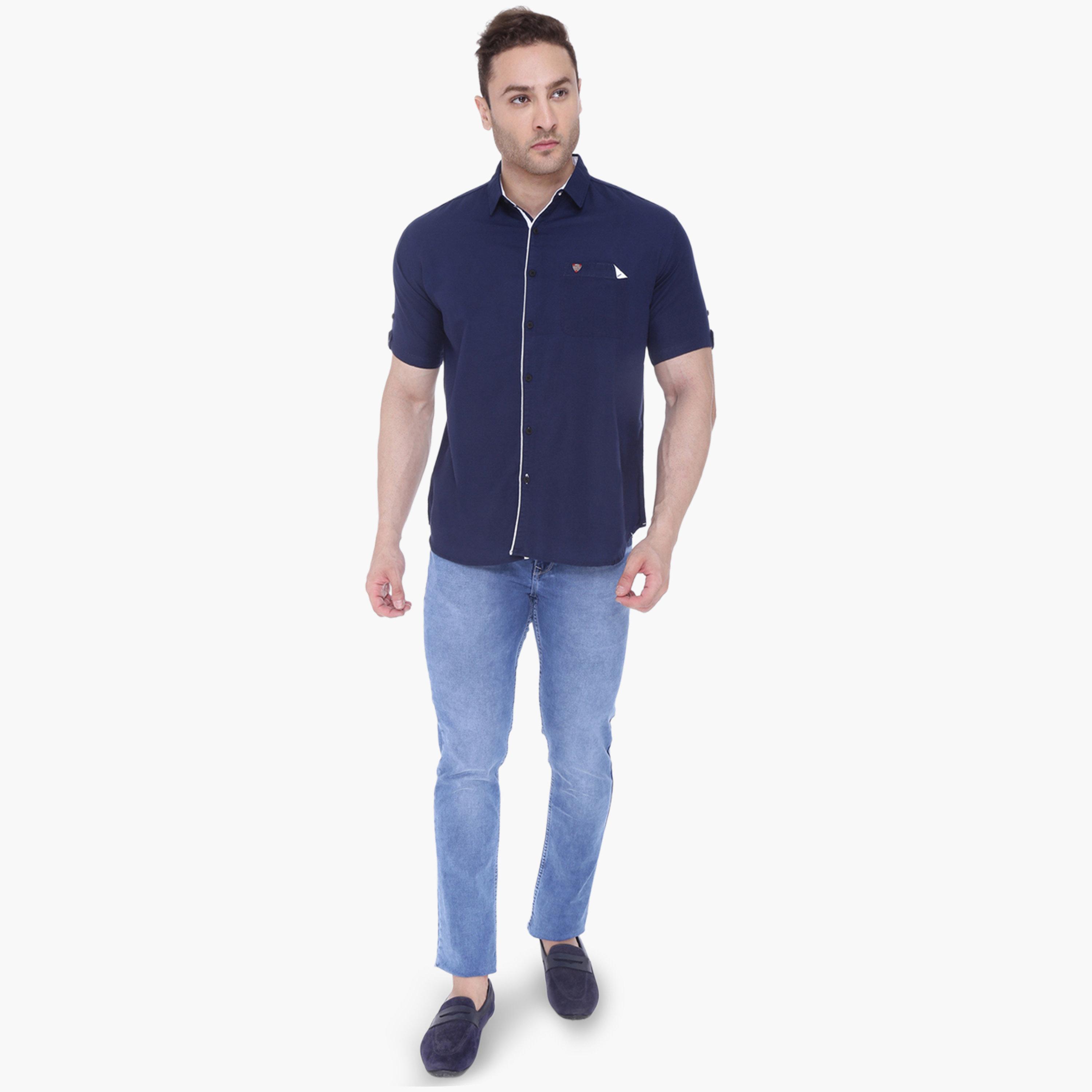 قميص رجالي مزيج كتان كحلي بأكمام قصيرة-men-clothing-shirts-image-2