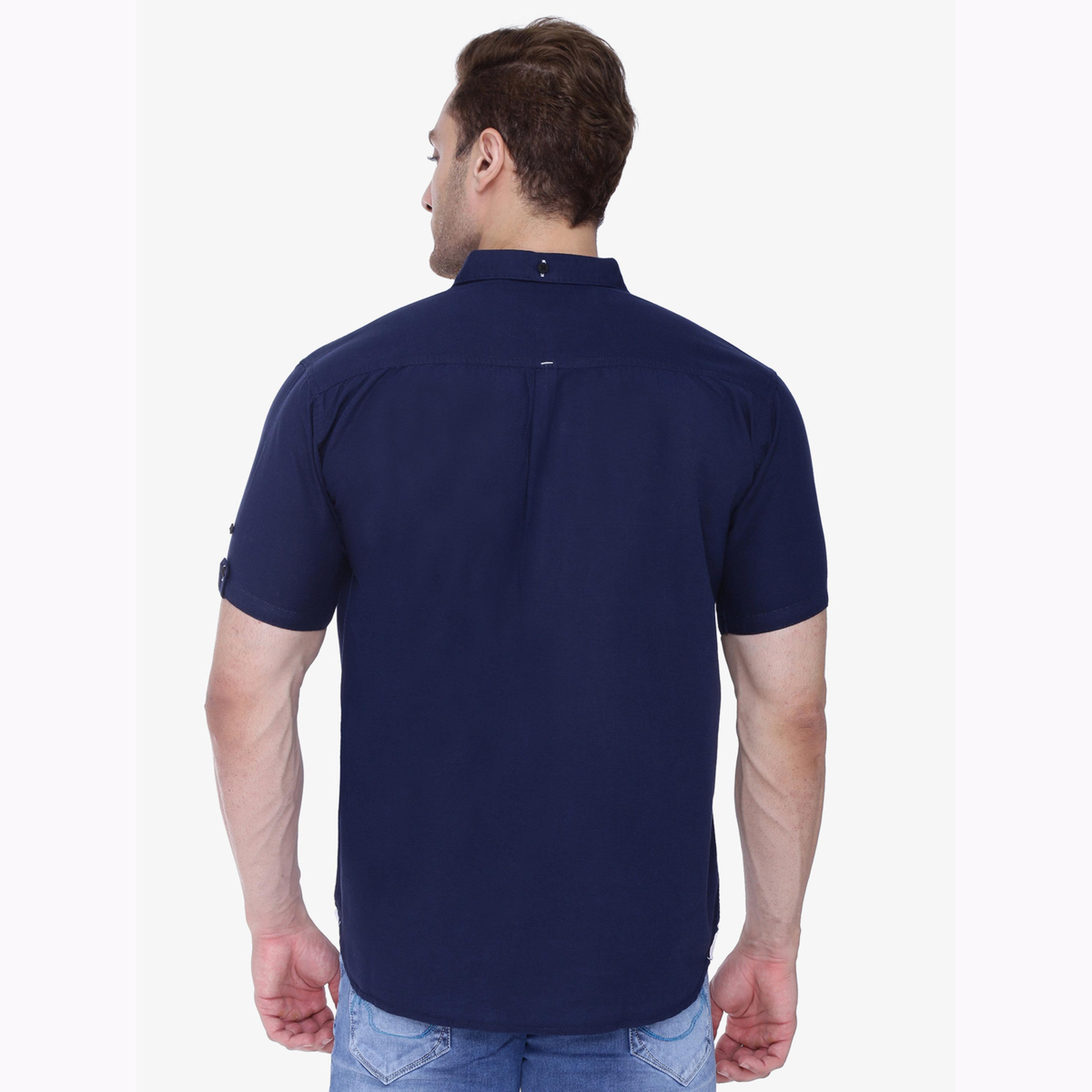 KUONS AVENUE X Styli Men Navy Blue Linen Blend Short Sleeve Shirt-men-clothing-shirts-image-3