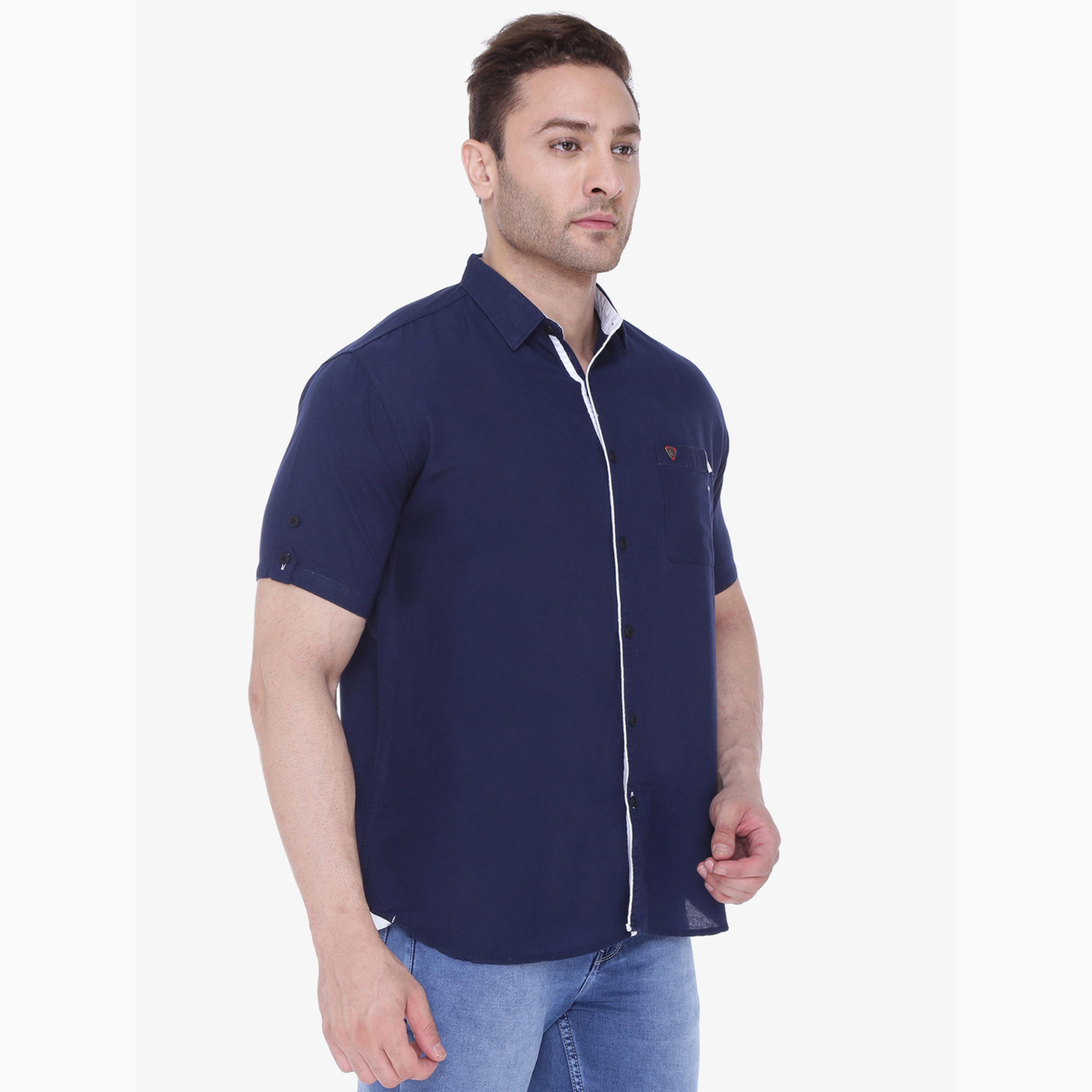 KUONS AVENUE X Styli Men Navy Blue Linen Blend Short Sleeve Shirt-men-clothing-shirts-image-4