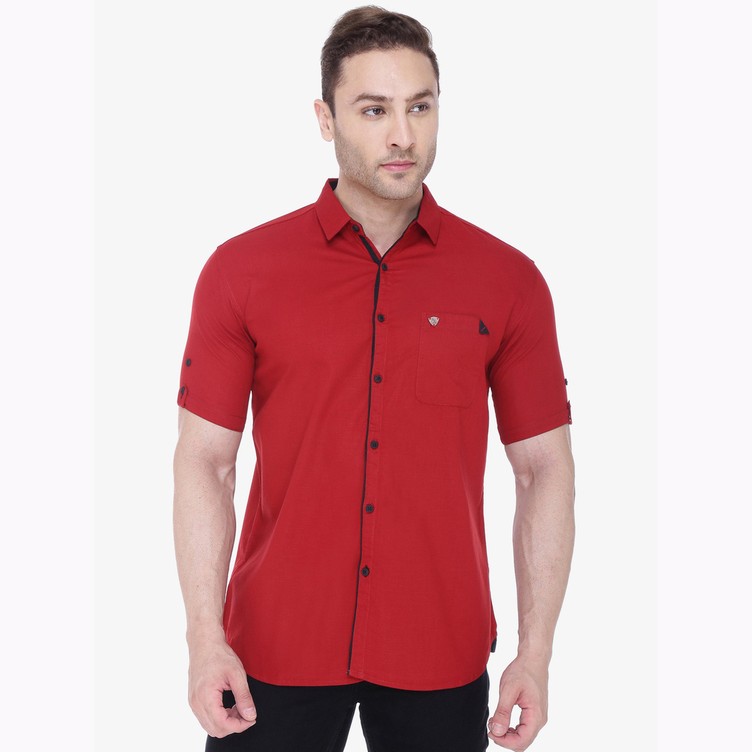 قميص رجالي مزيج كتان عنابي بأكمام قصيرة-men-clothing-shirts-image-1