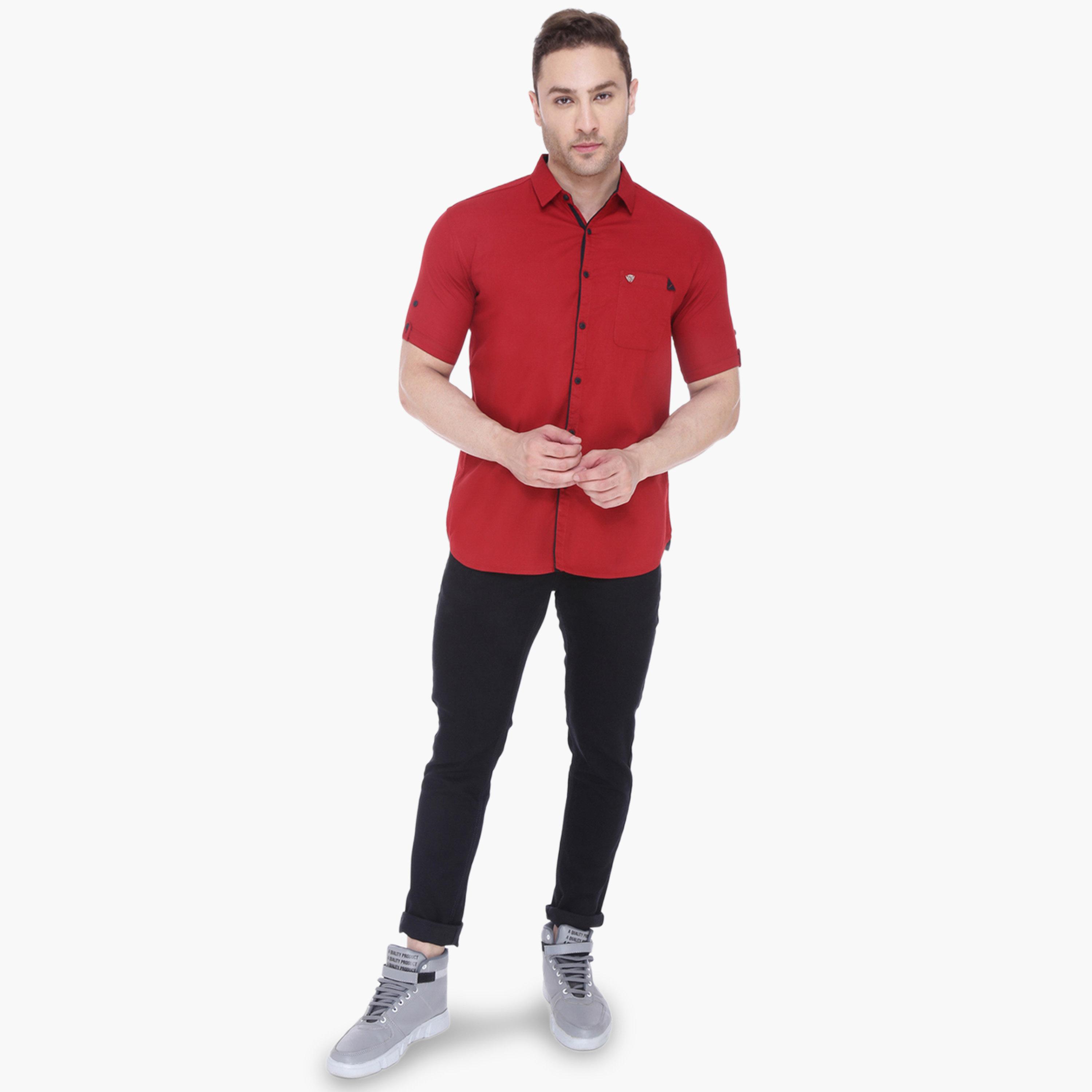 قميص رجالي مزيج كتان عنابي بأكمام قصيرة-men-clothing-shirts-image-2