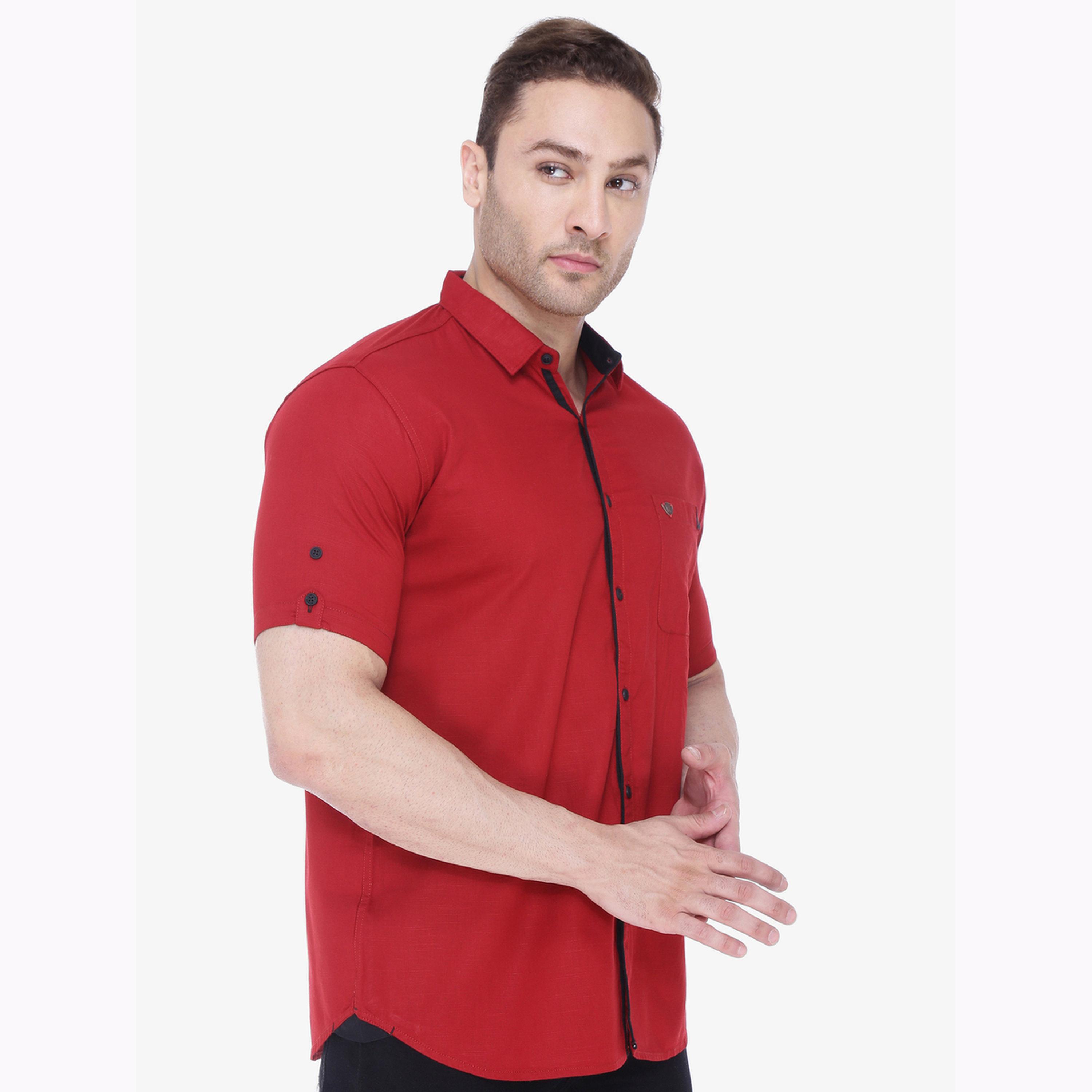 KUONS AVENUE X Styli Men Maroon Linen Blend Short Sleeve Shirt-men-clothing-shirts-image-4