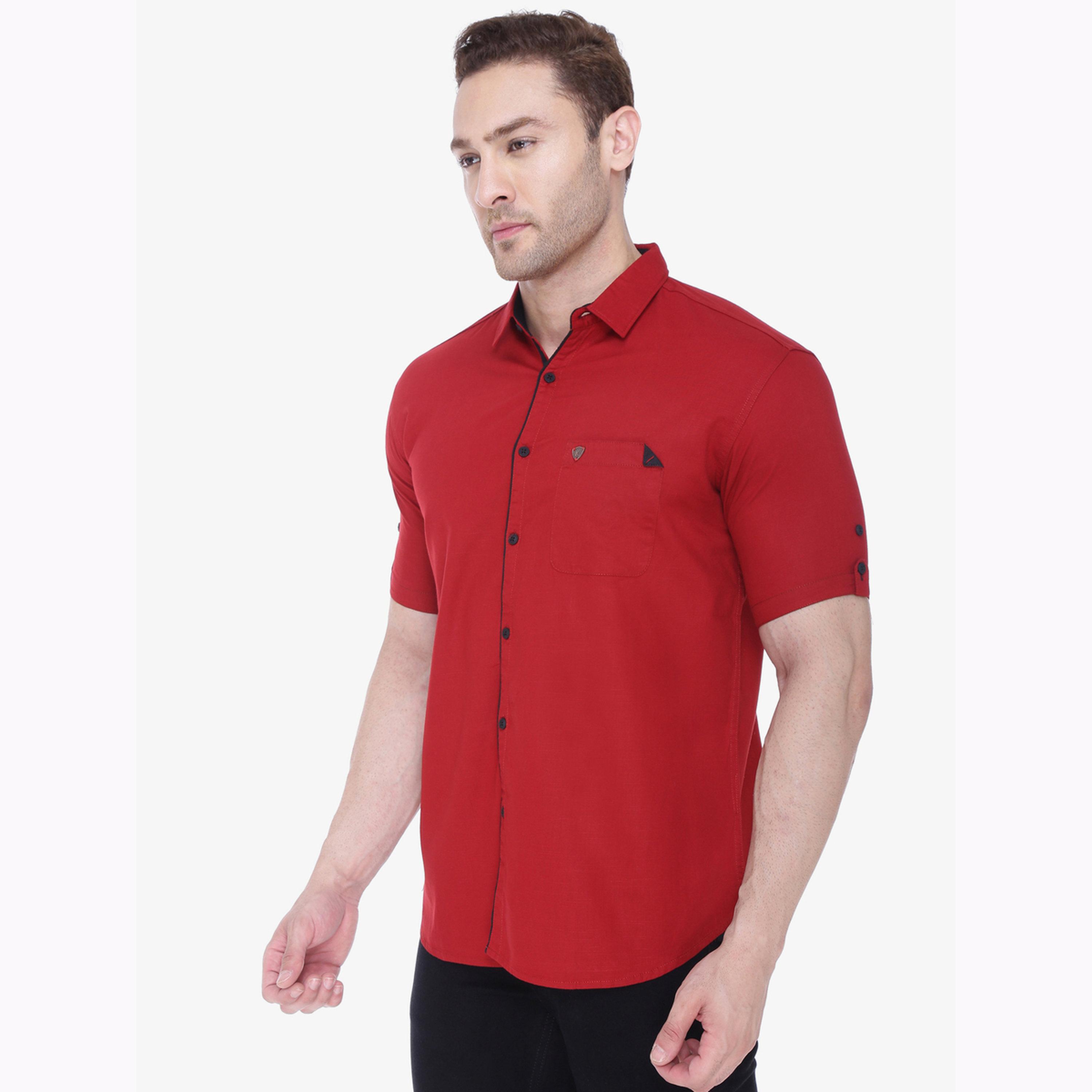 KUONS AVENUE X Styli Men Maroon Linen Blend Short Sleeve Shirt-men-clothing-shirts-image-5