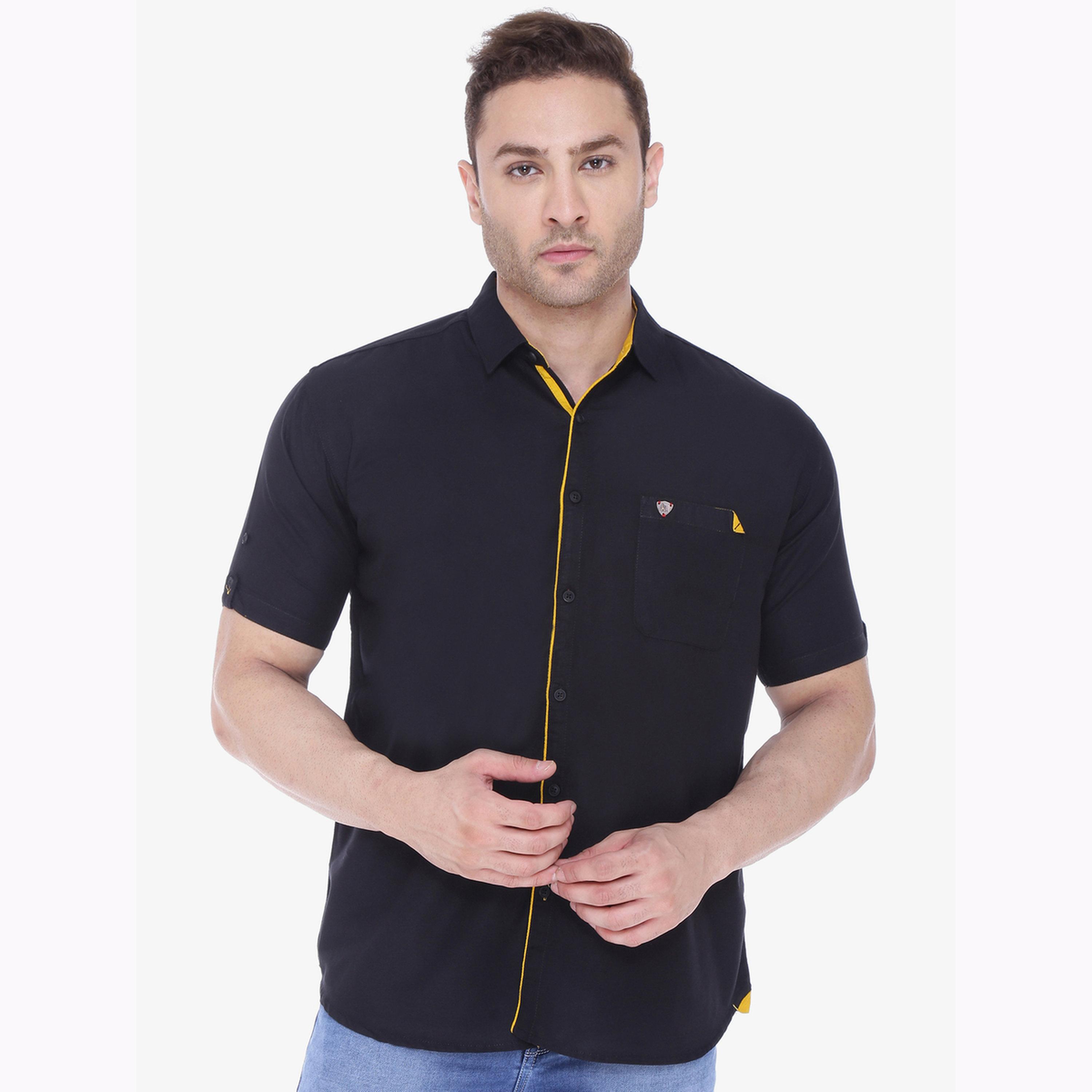 قميص رجالي مزيج كتان أسود بأكمام قصيرة-men-clothing-shirts-image-1