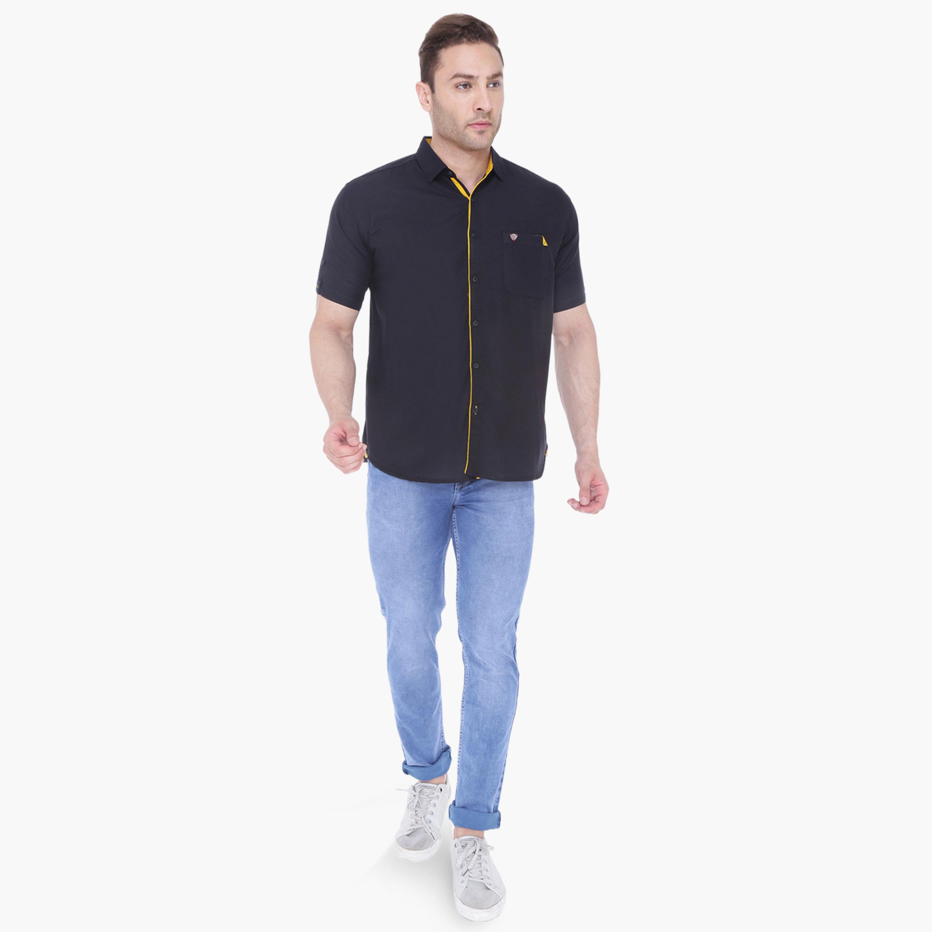 KUONS AVENUE X Styli Men Black Linen Blend Short Sleeve Shirt-men-clothing-shirts-image-2